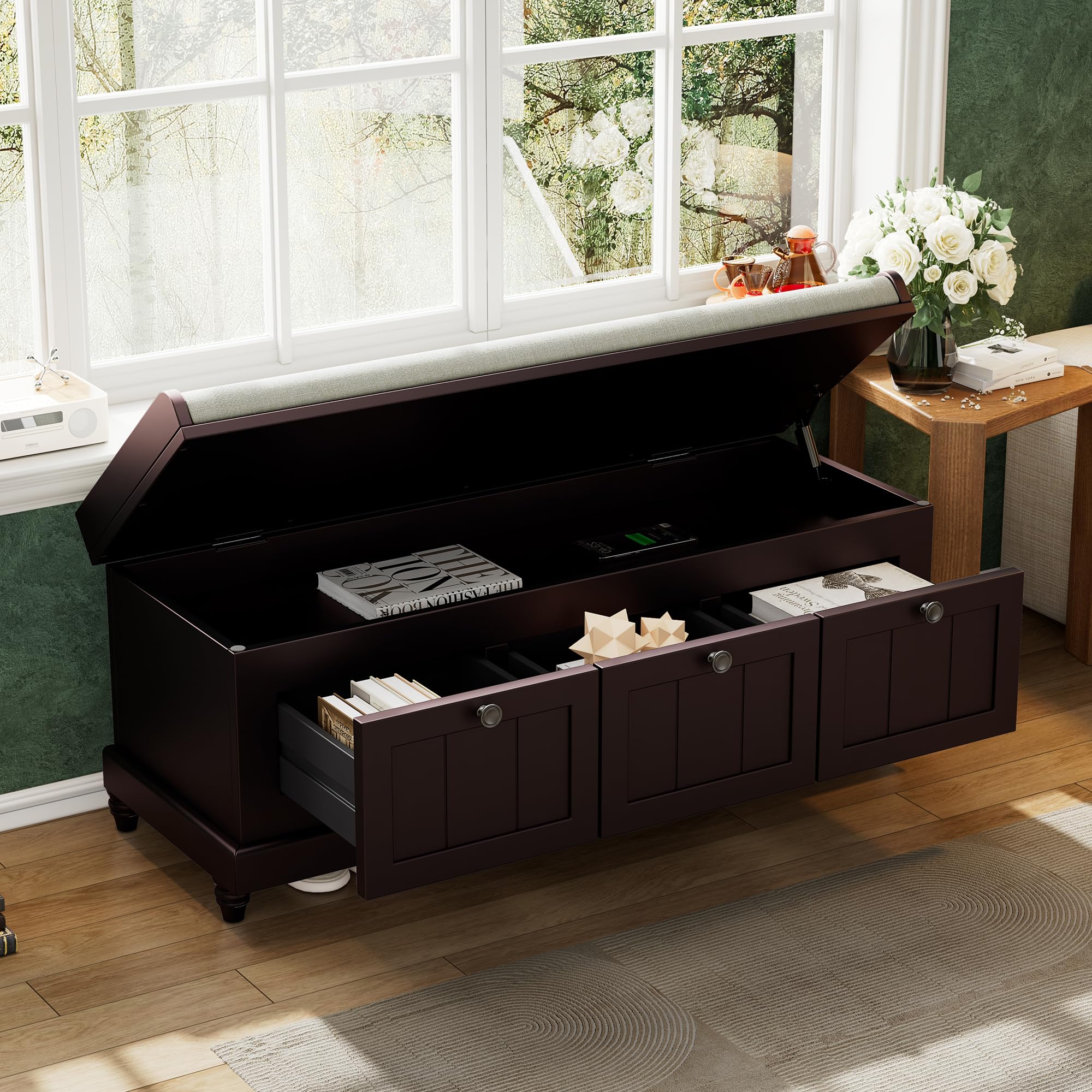 Farmhouse Storage Bench with 3 Drawers - Wooden Entryway Shoe Bench with Cushion for Living Room & Hallway Storage