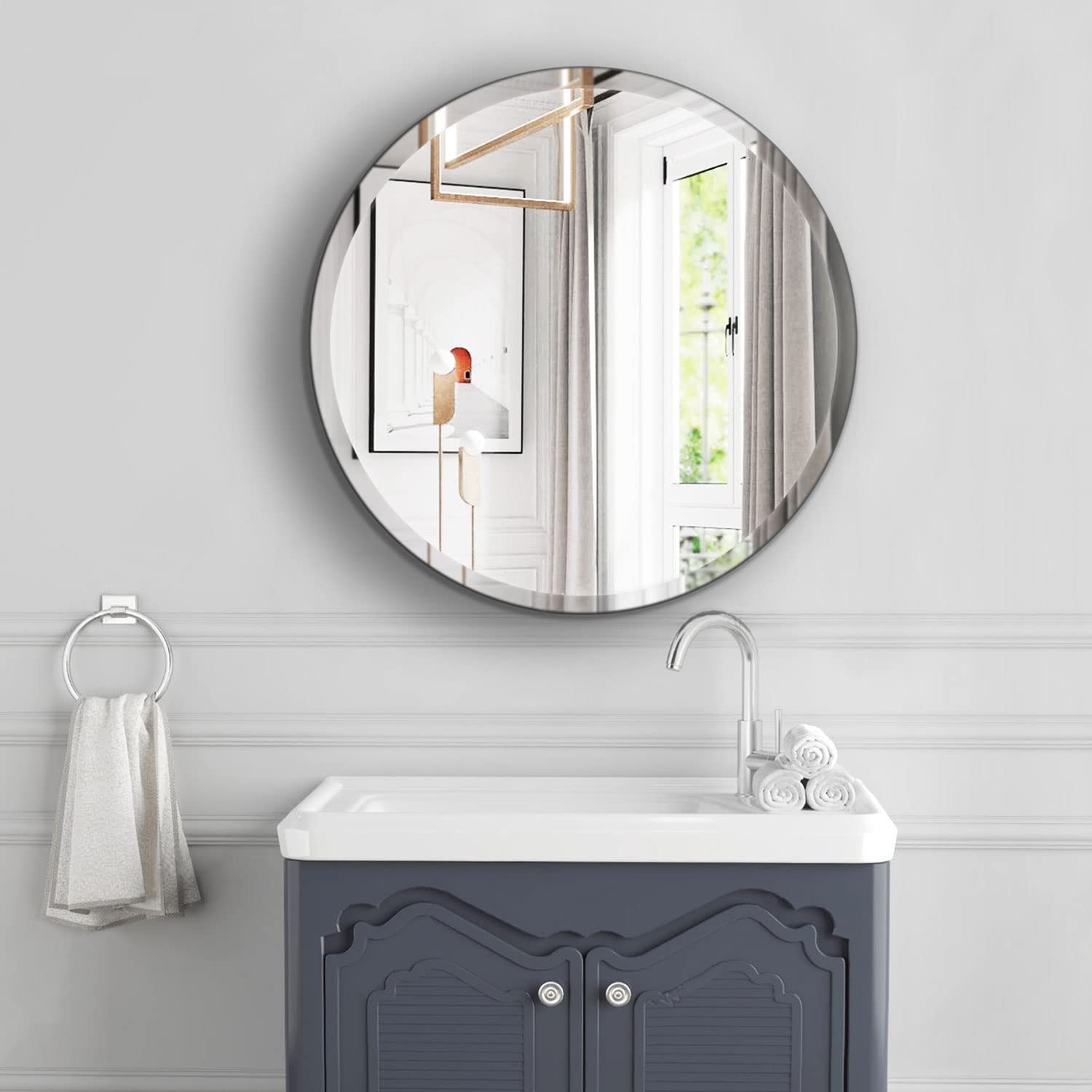 24 Inch Frameless Round Mirror with Beveled Edge - Modern Circle Wall Mirror for Bathroom, Bedroom, Living Room & Entryway - Perfect for Vanity, Dressing Area & Home Decor