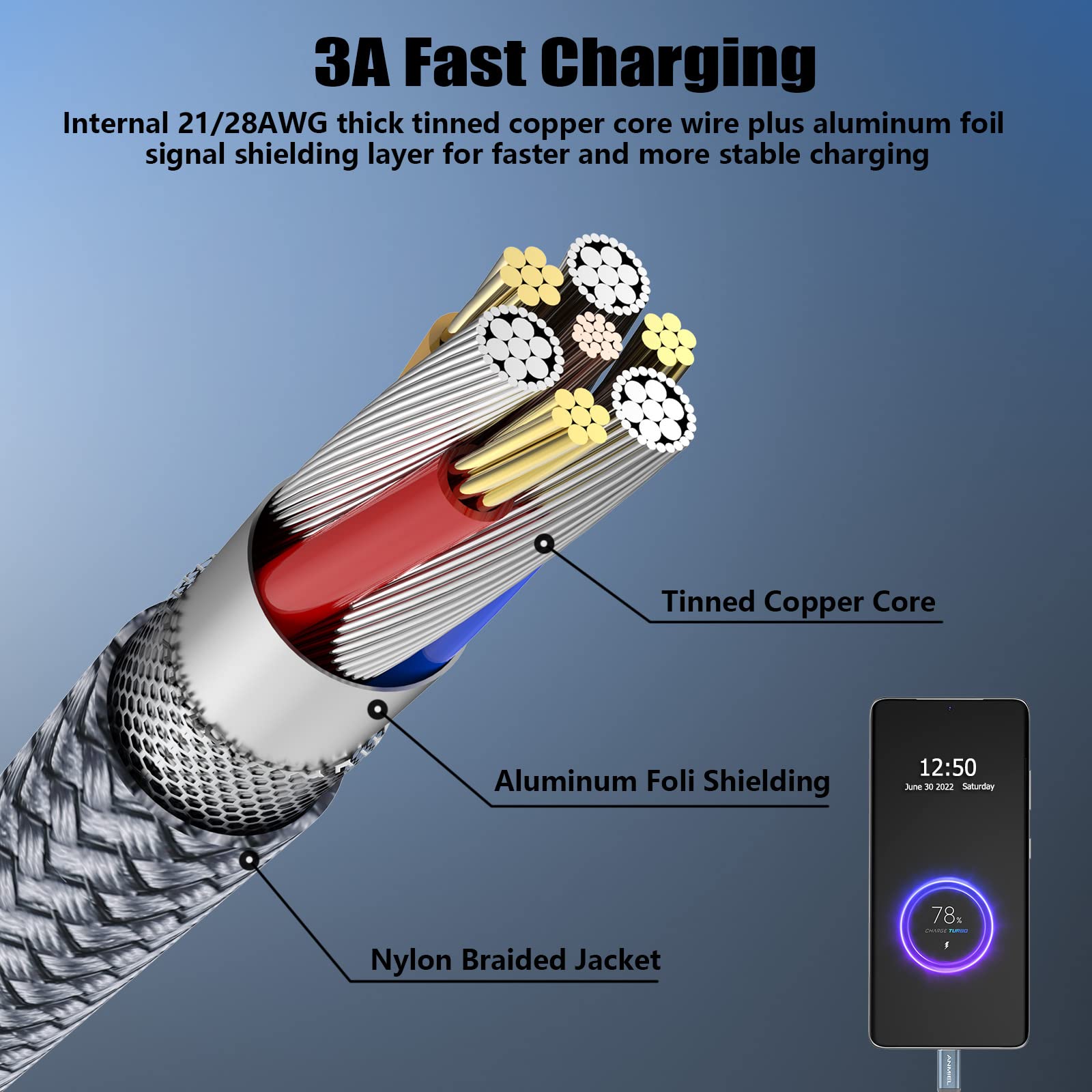 ANMIEL 2-Pack 6.6ft USB C to USB A Fast Charging Cable (3A) - Nylon Braided Durable Charger Cord for Samsung Galaxy S21/S20/S10/S9/S8, Note 20/10/9/8, A10e/A20/A40/A50/A70 - Perfect for Home, Office & Travel Charging