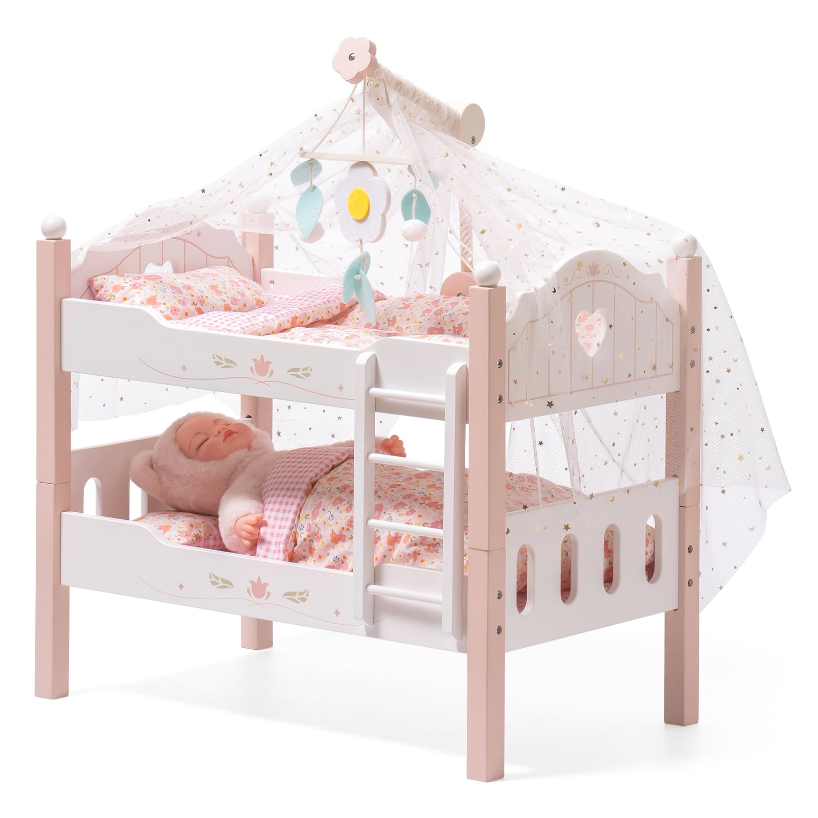 ROBUD Wooden Baby Doll Crib for 20 Inch Dolls - Pink Doll Bunk Bed with Tulle Canopy | American Girl Doll Bed & Gift for Kids | Perfect for Pretend Play, Nursery Decor & Birthday Presents