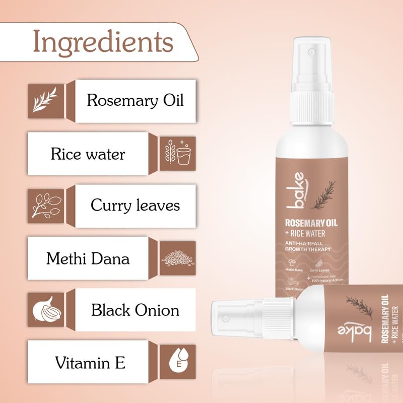 BAKE Rosemary Oil Hair Growth Serum Spray with Rice Water & Fenugreek Seed | Stops Hair Fall, Promotes Regrowth & Repairs Keratin Treated Hair | Strengthens Hair Follicles for Women & Men | 100ml | Perfect for Daily Hair Care & Scalp Treatment at Home