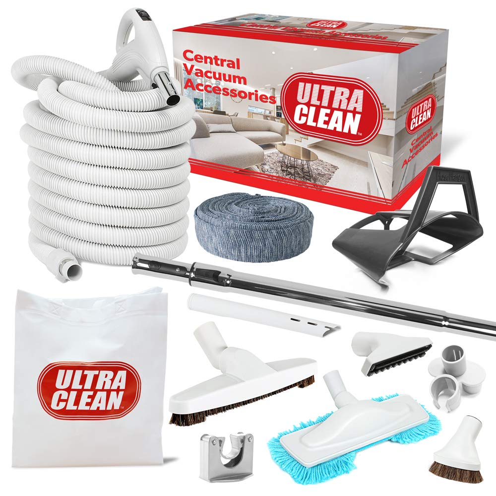 Premium 24V Central Vacuum Hardwood Floor Cleaning Kit - Low Voltage Hose with On/Off Switch, Swivel Handle & Deluxe Tools - Includes Dust Mop, Hose Cover & Storage Caddy (35ft, White) - Perfect for Hardwood Floors, Carpets & Whole-House Cleaning