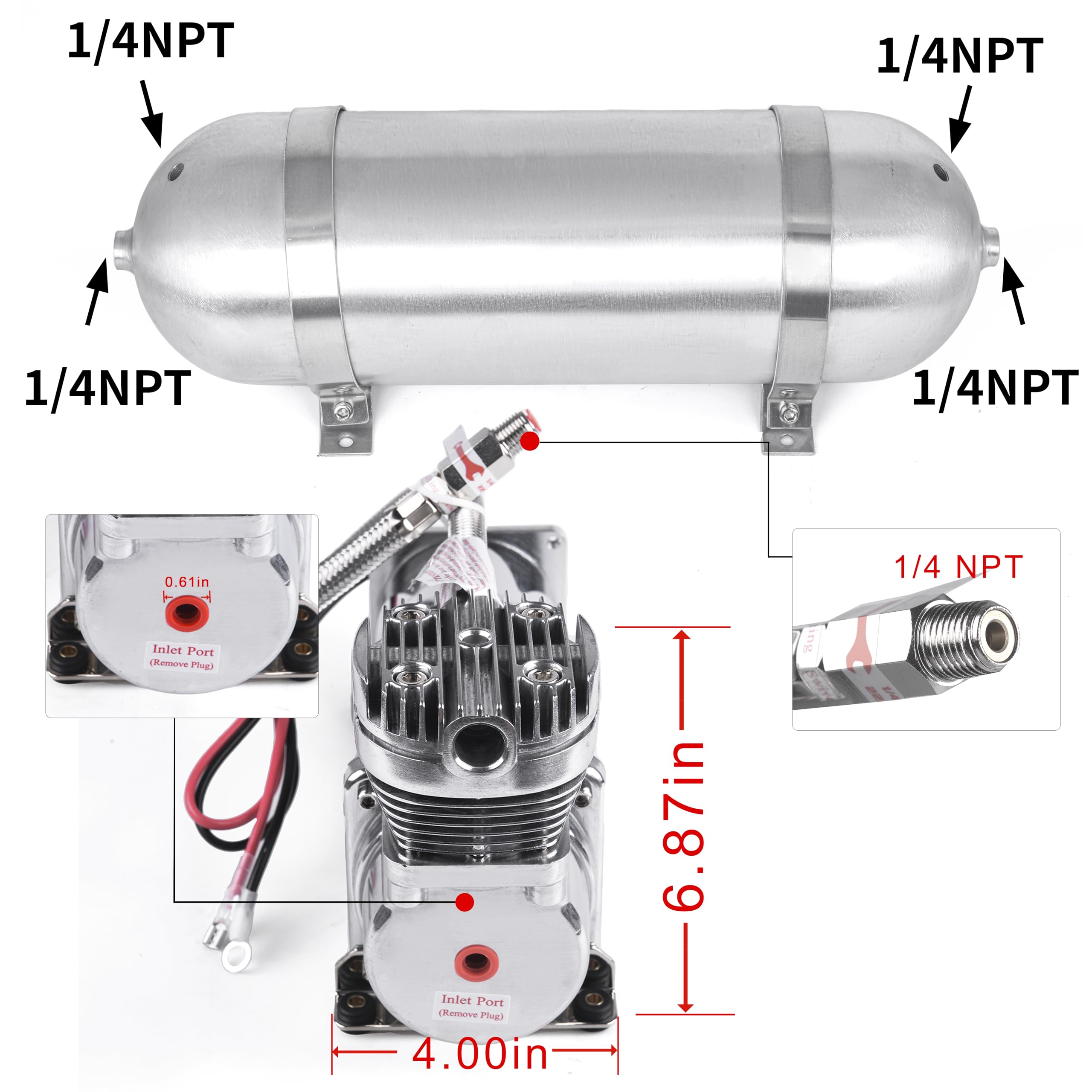 3 Gallon Aluminum Air Tank with 200PSI 12V Air Compressor Kit - Onboard Air System for Train Cars, Vehicles, Semi & Pickup Trucks - 1/4NPT Fittings - Perfect for Air Horns, Air Suspension & Tire Inflation
