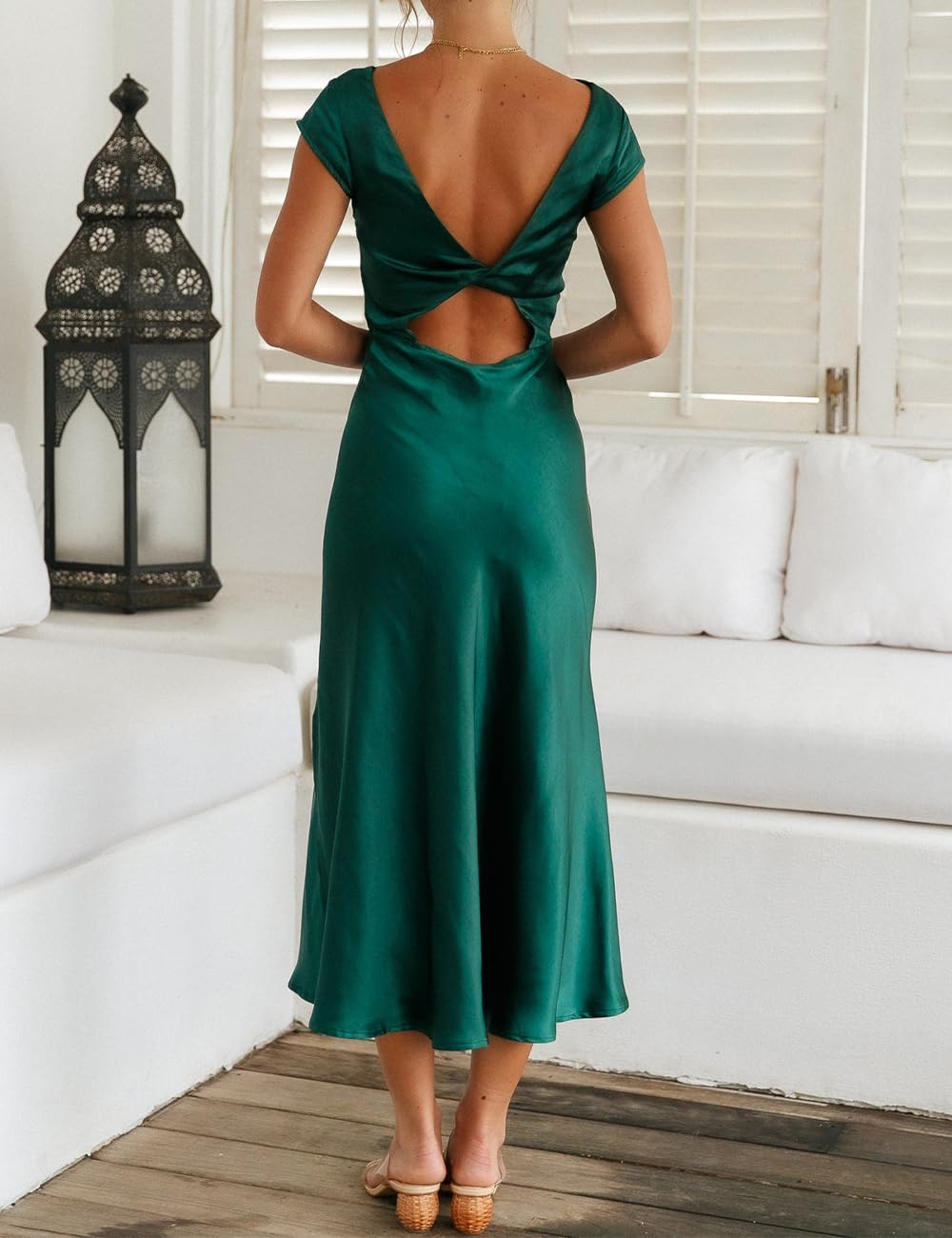 Elegant Backless Satin Midi Dress for Women - Summer 2023 Cowl Neck Twist Cap Sleeves Cocktail Wedding Guest Dress in Dark Green | Perfect for Parties, Date Nights & Special Occasions