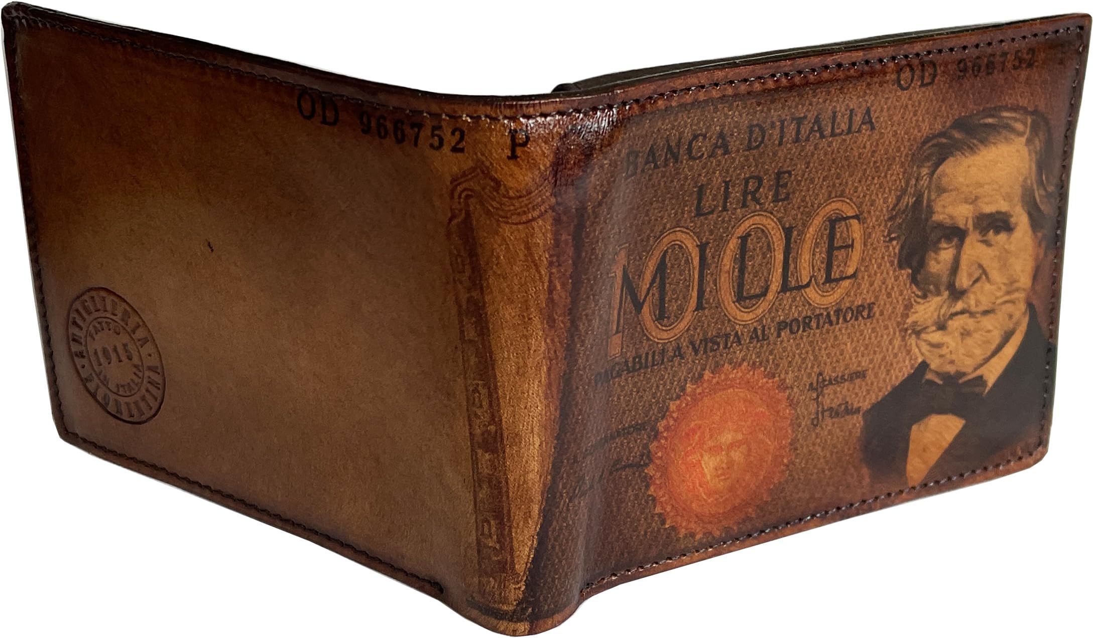 Genuine Italian Leather Men's Wallet - Artiglieria Fiorentina VERDI Handmade Vegetable-Tanned Leather Bifold Wallet Featuring Giuseppe Verdi & Millelire Design - Perfect Gift for Dad, Husband, Birthday & Anniversary - Made in Italy