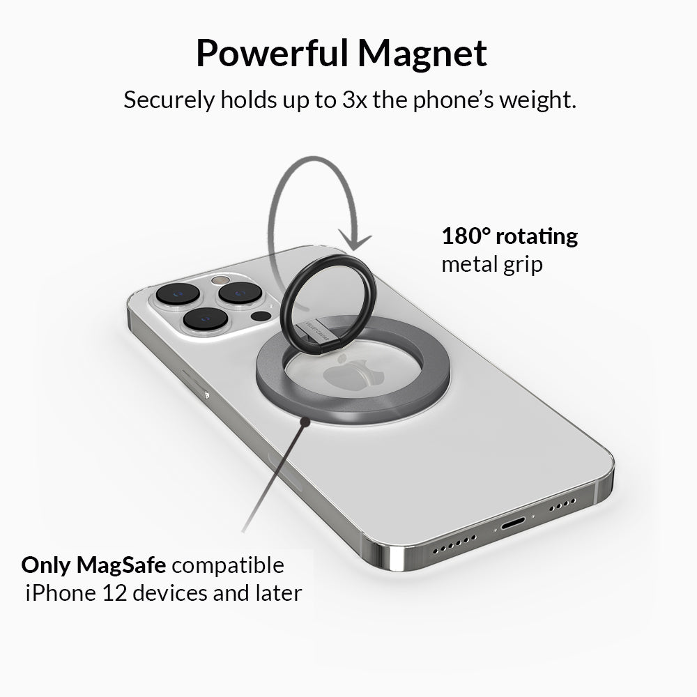 Magnetic Phone Grip Ring for iPhone - Grey MagSafe Compatible Holder for Secure One-Handed Use While Driving, Working, or Exercising