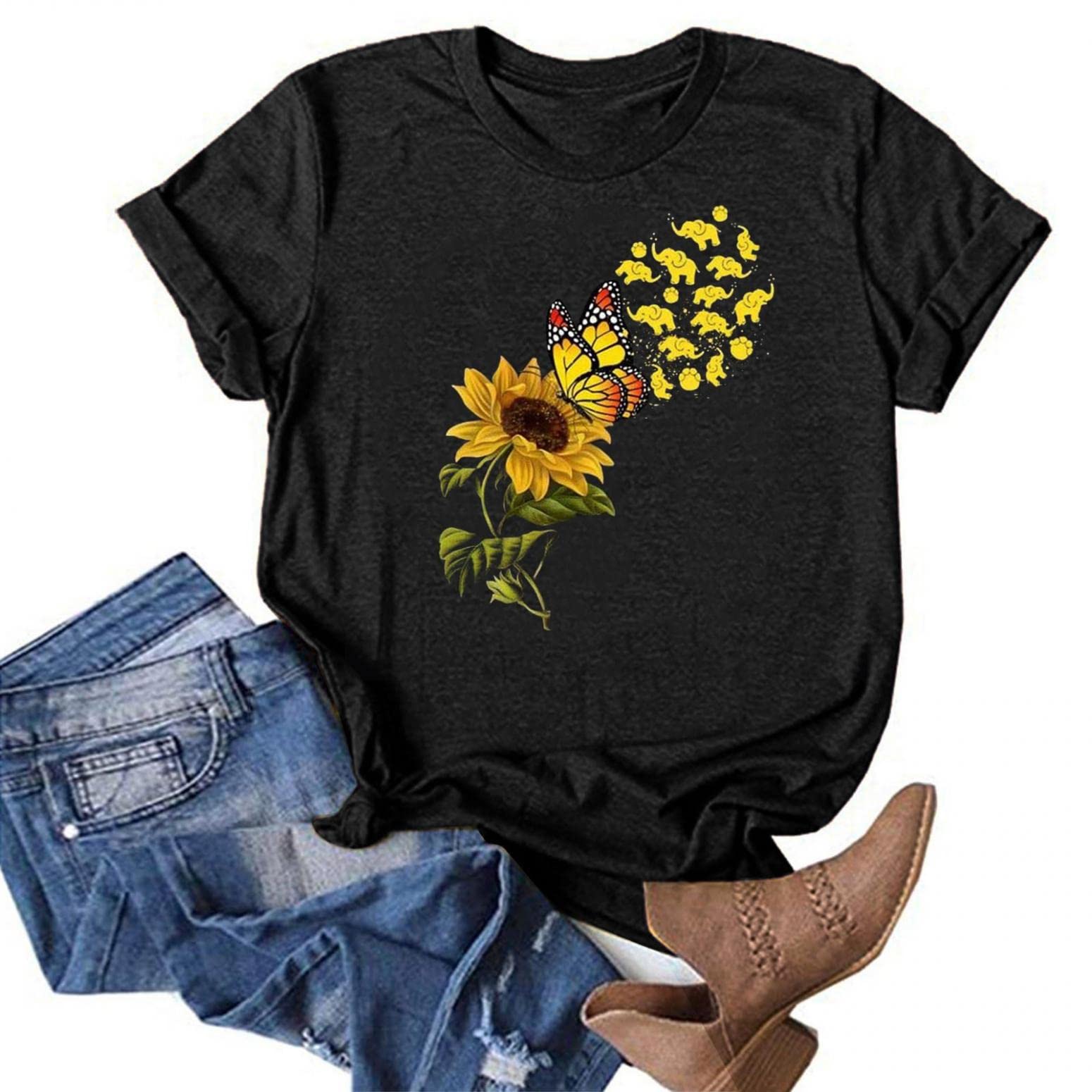 Women's Summer Short Sleeve T-Shirts - Loose Fit Sunflower Print Casual Blouse & Cute O-Neck Tee for Beach, Vacation & Everyday Wear