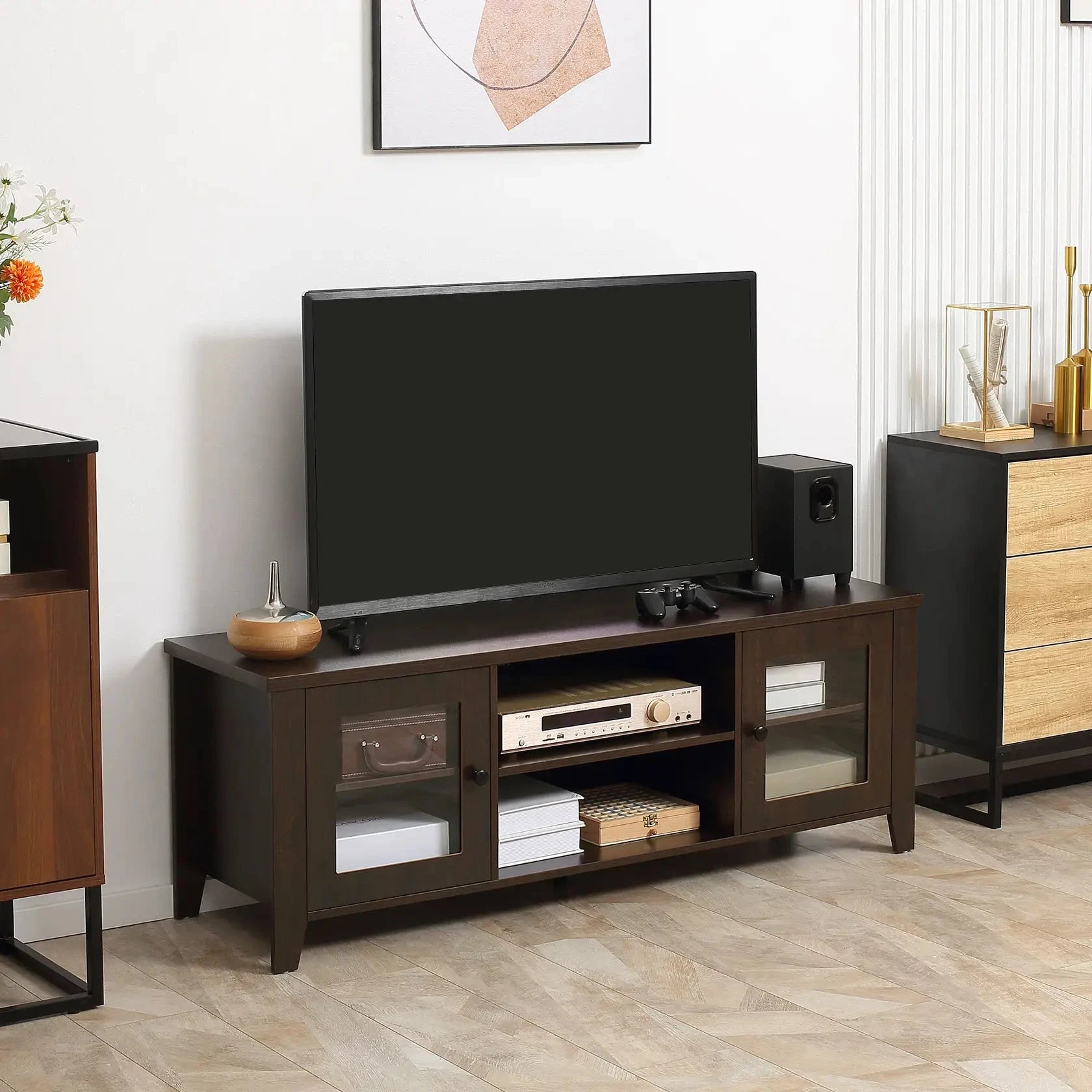 Modern TV Stand for Up to 60 Inch TVs - Sturdy Wooden Entertainment Center with Storage Shelf (Black/White/Walnut) - Perfect for Living Room, Bedroom & Home Theater Setup