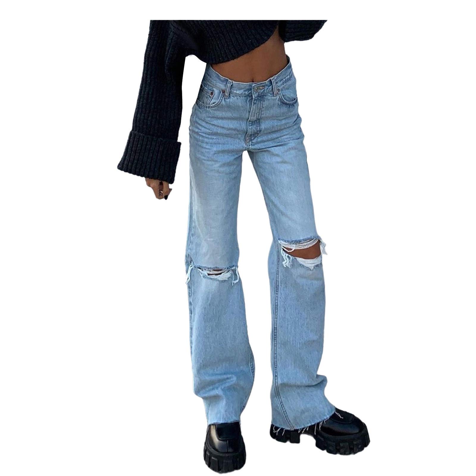 High Waisted Distressed Jeans for Women - Y2K Wide Leg Denim Pants for Casual Outfits