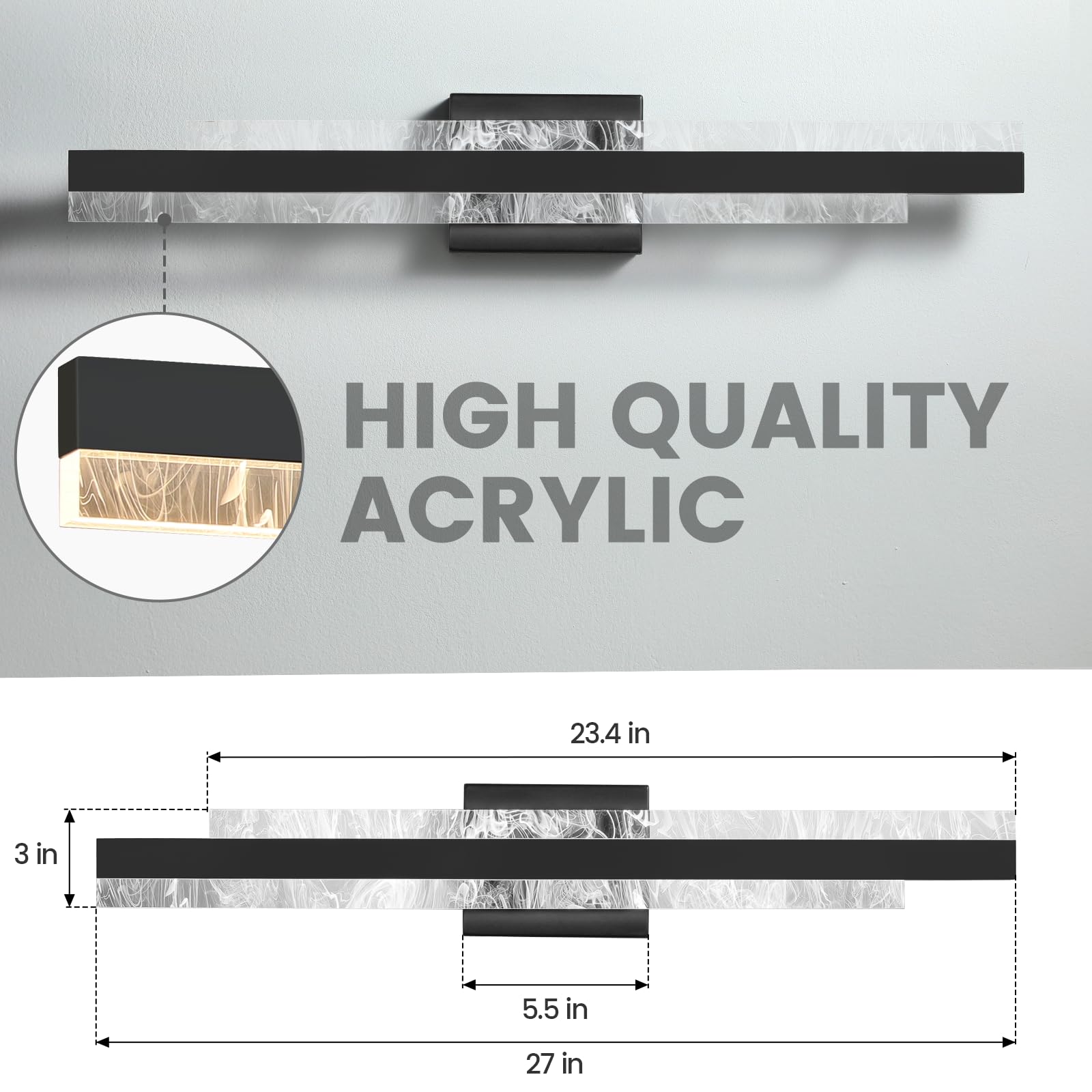 HAHZT 27 Inch Matte Black Dimmable LED Bathroom Vanity Light - 28W Wall Sconce for Mirror, Painting & Cabinet Lighting (3000K Warm White) - Perfect for Modern Bathrooms, Bedrooms & Art Galleries