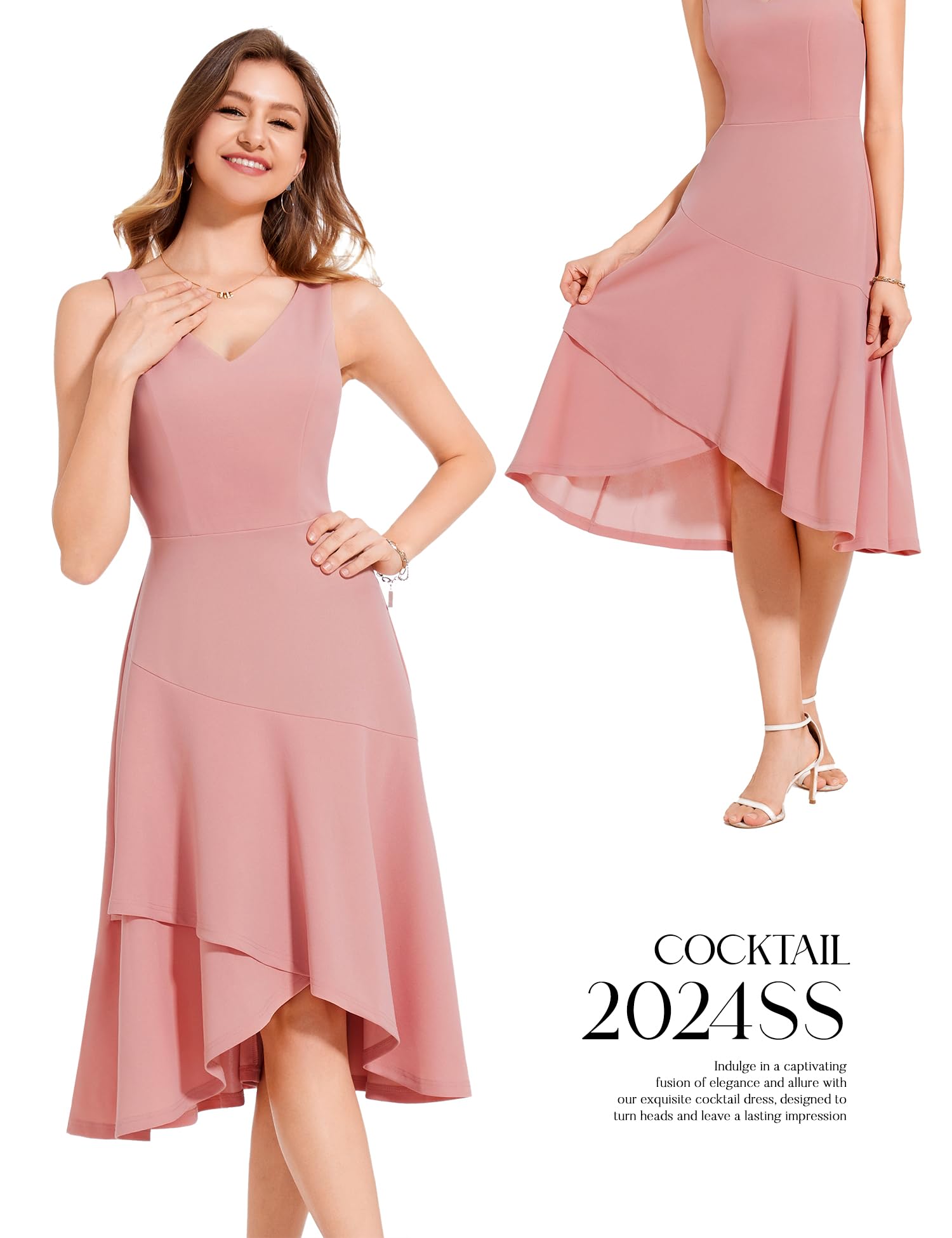 Aupuls Women's Pink Formal Midi Cocktail Dress - Elegant Blush Wedding Guest Dress G007 | Perfect for Cocktail Parties, Bridal Showers & Evening Events