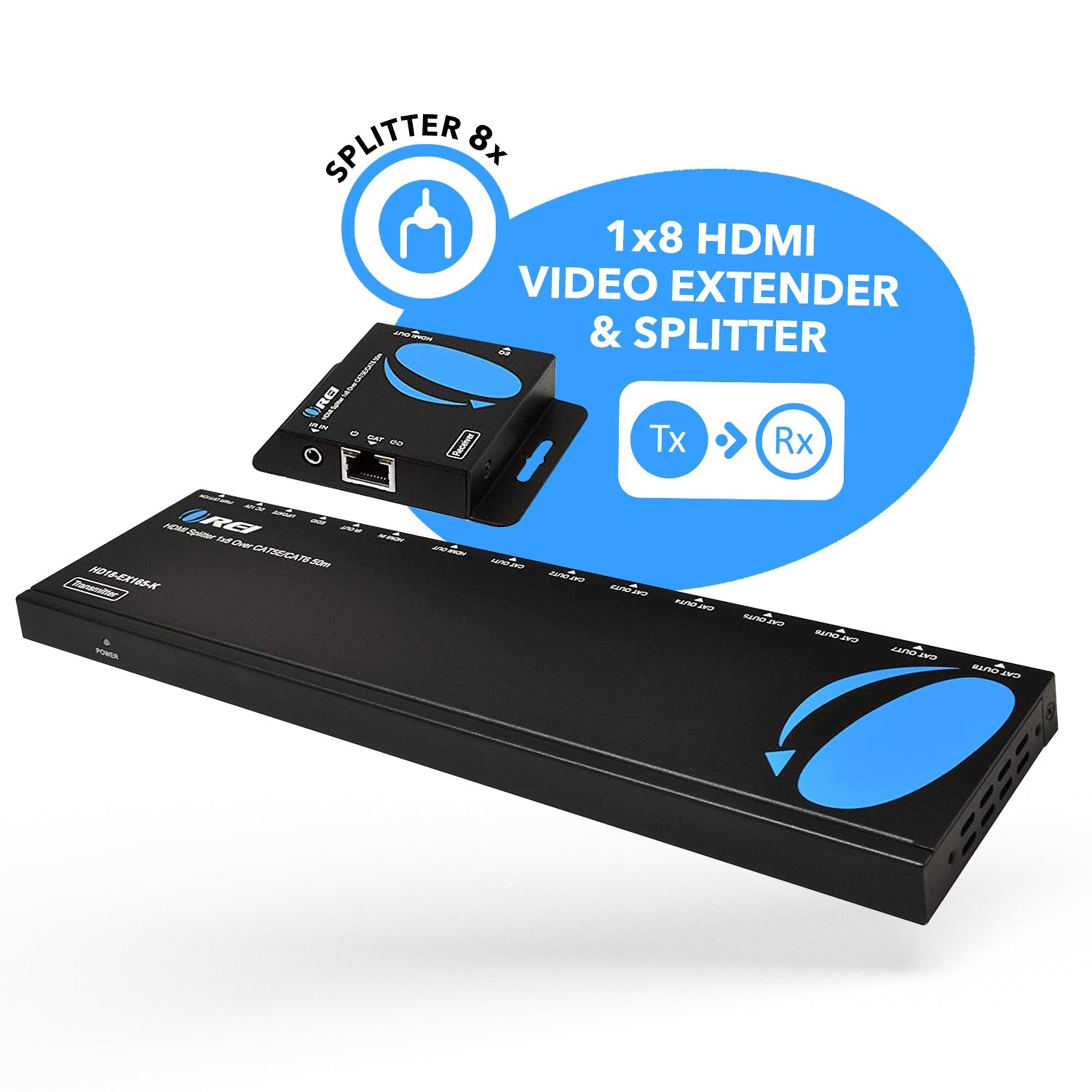 1x8 HDMI Extender Splitter Over CAT6/7 - 165ft Range with Loop Out, IR Control & EDID (HD18 EX165 K) - Perfect for Home Theater, Conference Rooms & Multi-Display Setups