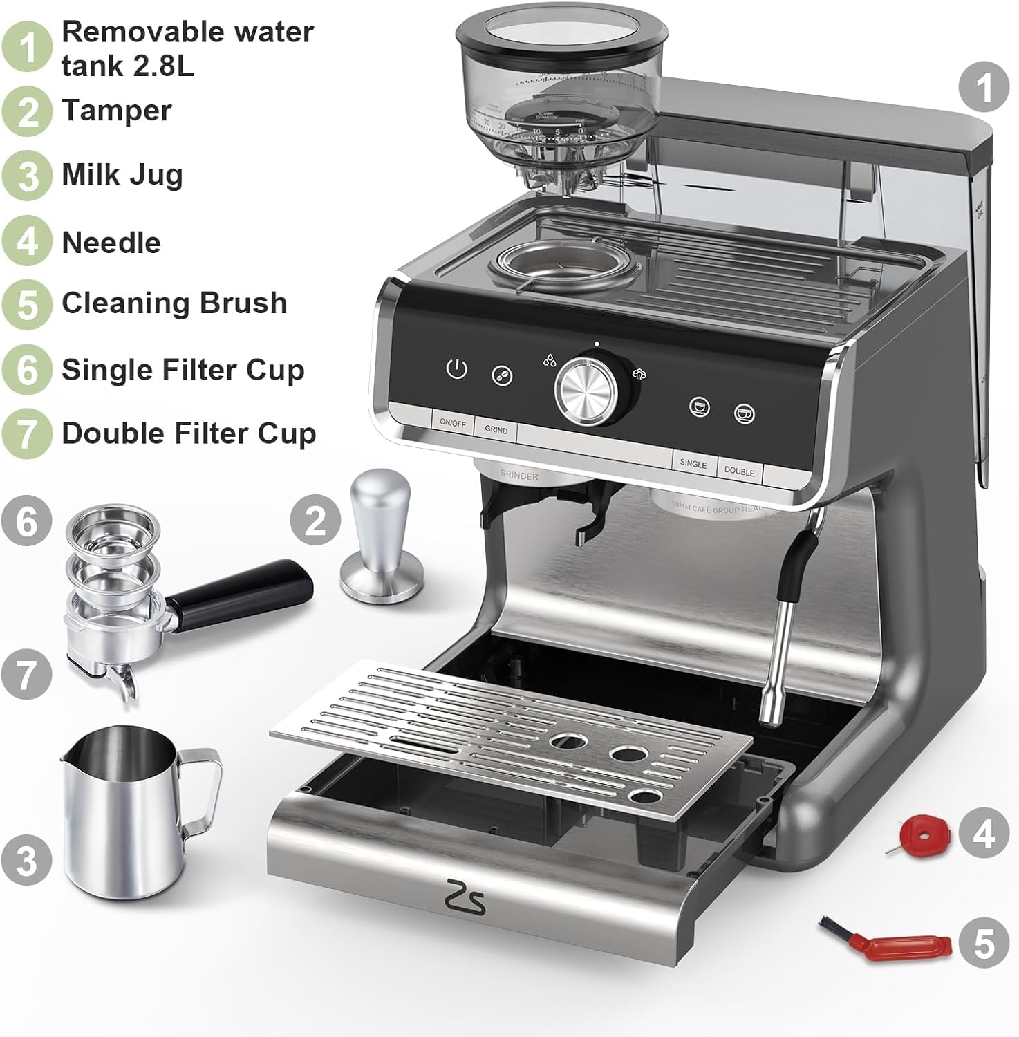 Professional 20 Bar Semi-Automatic Espresso Machine with 30 Grinder Settings - 1450W Fast Heating Coffee Maker with Milk Frother Steam Wand for Home, Cafe & Hotel Use - Silver (Perfect for Latte, Cappuccino & Espresso Drinks)