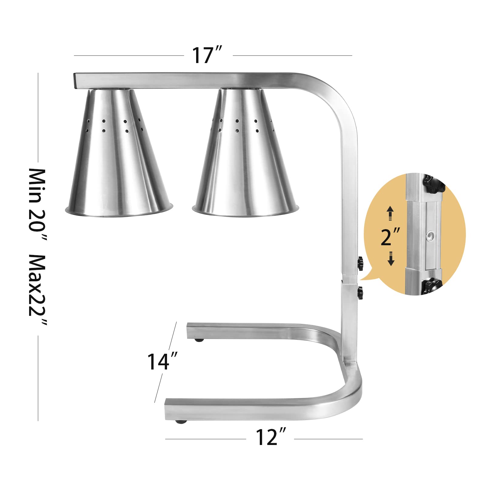 Commercial Food Heat Lamp - 120V Stainless Steel Portable Food Warmer with 2x 250W Bulbs & Fan-Shaped Lampshade for Restaurants, Buffets & Catering Services - Perfect for Keeping Dishes Warm at Events & Food Stations