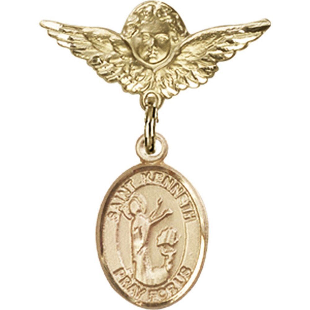 Gold Filled Baby Badge Pin with St. Kenneth Charm & Angel Wings - 1 X 3/4 inches - Perfect for Christening, Baptism Gifts & Baby Shower Keepsakes