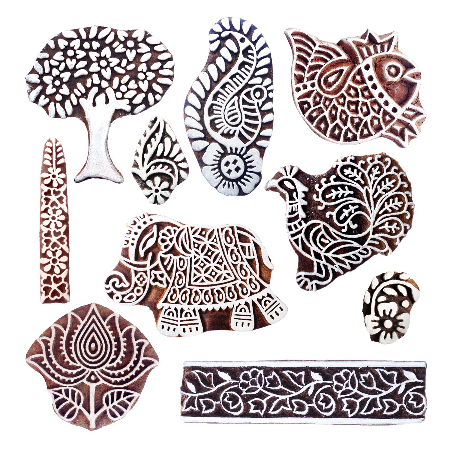Premium Royal Kraft Wooden Stamps for Block Printing - Set of 10 Handcrafted Stamps for Saree Borders, Textiles, Clay, Pottery & Tattoo Designs - Perfect for DIY Crafts, Fabric Printing & Home Decor Projects MXtag0003