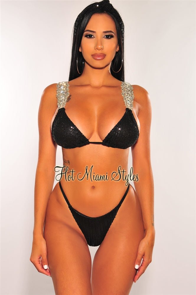 Black Sequin Jeweled Padded Scrunch Butt Bikini Set with Headband - Sexy High Waisted Swimwear for Women, Perfect for Beach Vacation, Pool Party & Summer Getaways
