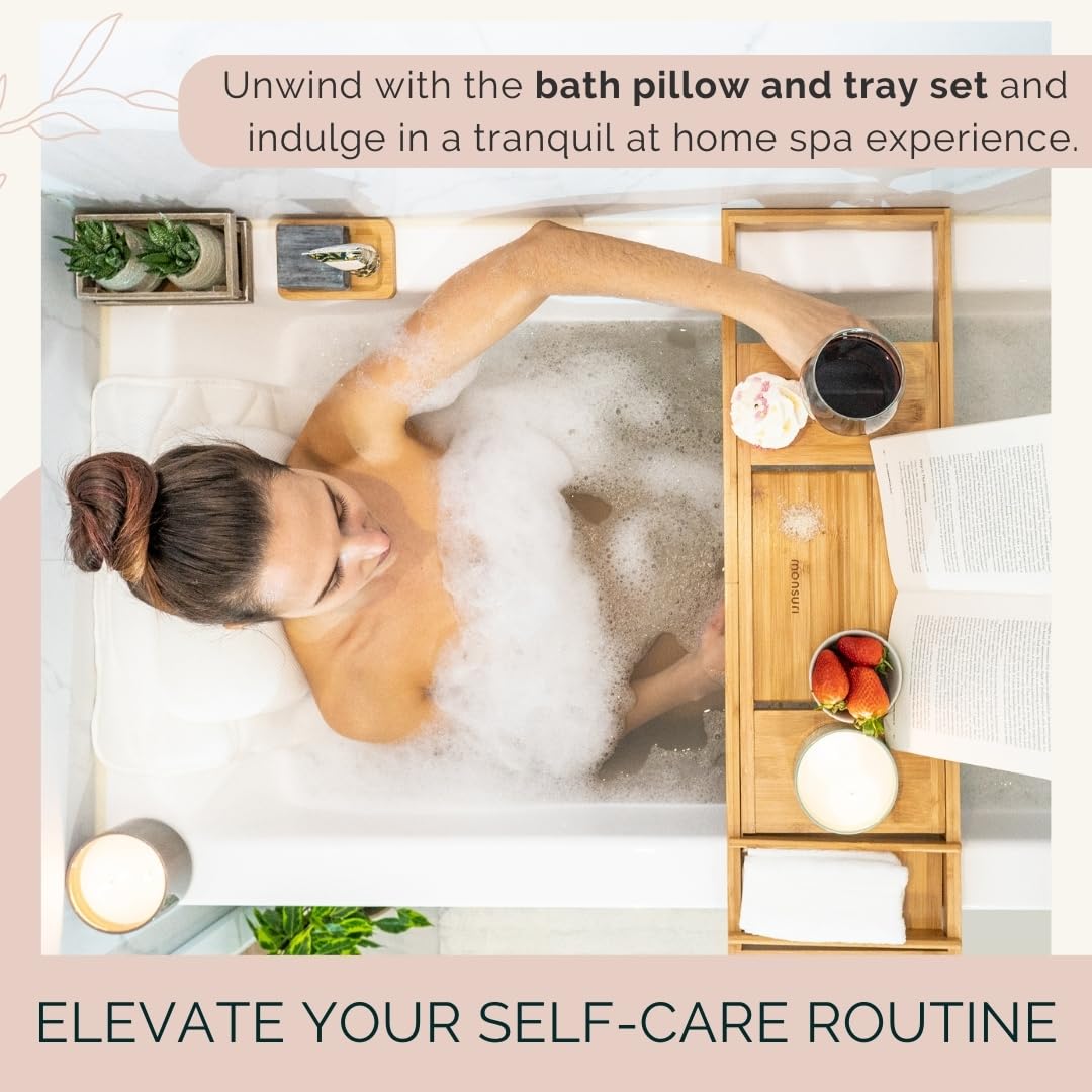 Luxury Bath Pillow & Bathtub Caddy Set - Spa Quality Bath Accessories for Ultimate Relaxation | Perfect Self Care Gift for Women & Mom | Ideal for Bubble Baths, Aromatherapy & Home Spa Days