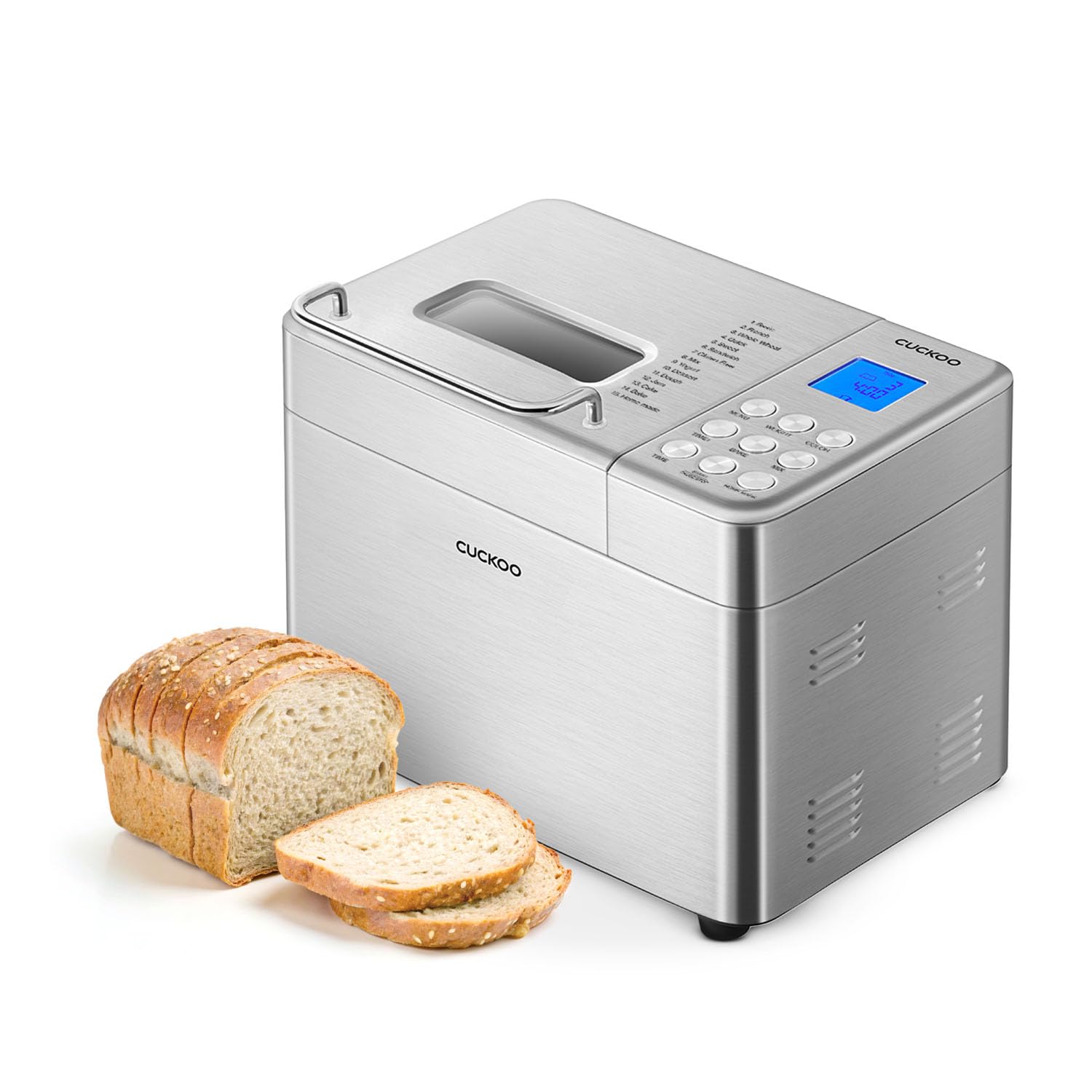 CUCKOO 2 lbs Bread Maker Machine with 15 Menu Options & 3 Crust Colors - Automatic Fruit Nut Dispenser - 6 Accessories Included - Perfect for Sourdough, White Bread & Gluten-Free Baking (CBM-AAB101S) - Ideal for Home Baking, Breakfast & Family Gatherings