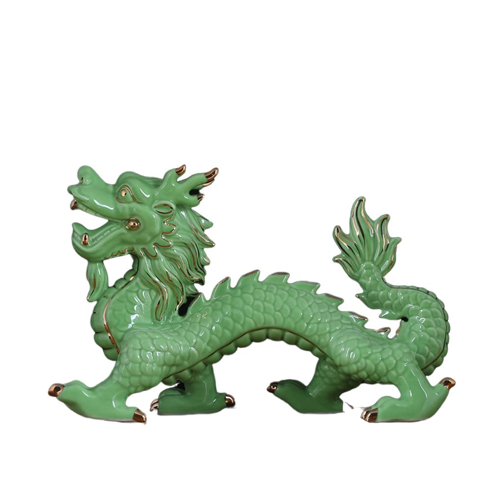Dragon Statue - Chinese Zodiac Animal Figurine for Home & Office Decor, Feng Shui Evil Spirit Protection, Modern Green Decoration for Living Room, Desk & Shelf Display