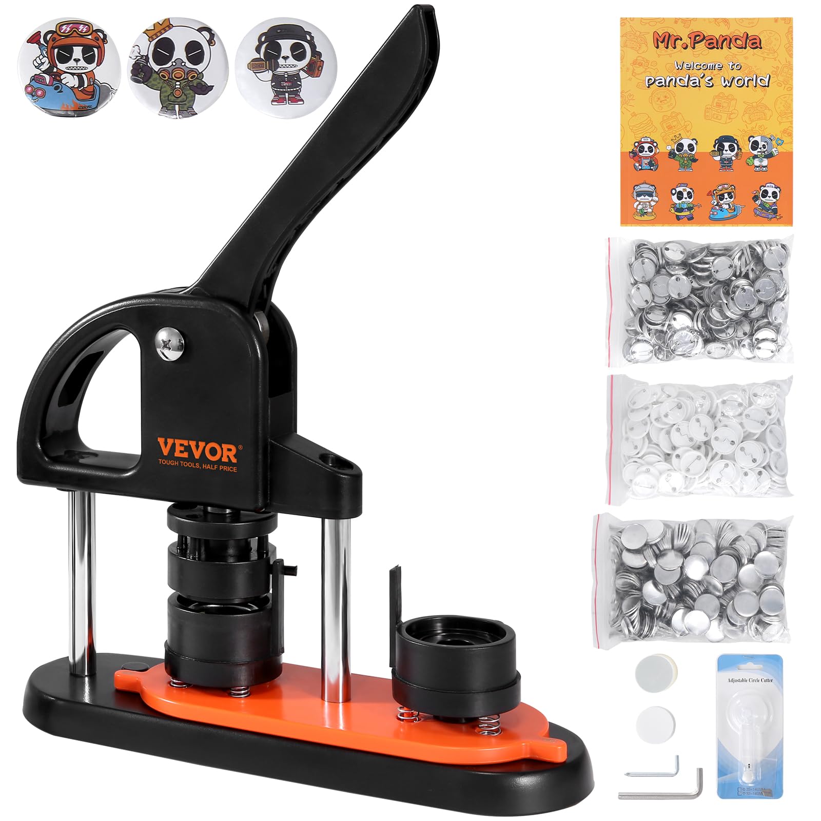 VEVOR 32mm/1.25 Inch Button Maker Machine with 500pcs Button Parts - Ergonomic Arc Handle Punch Press Kit & Panda Magic Book - DIY Pin Badge Maker for Kids Crafts, School Projects, Party Favors and Christmas Gifts