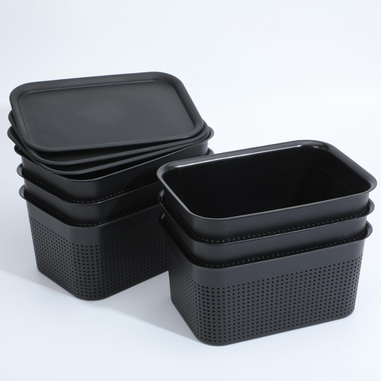 AREYZIN 6-Pack Plastic Storage Baskets with Lids - Organizer Bins for Shelves, Drawers, Desktop, Closet, Playroom, Classroom & Office - Perfect for Home Organization, Kids Toys Storage and Office Supplies (Black)