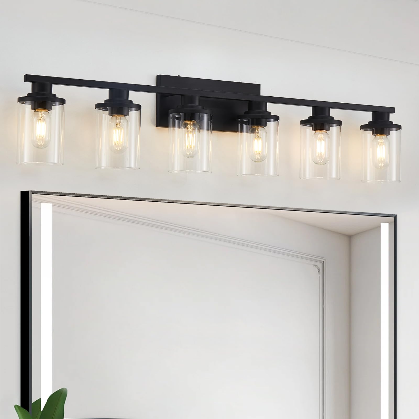 Stambord 6-Light Matte Black Bathroom Vanity Light Fixture with Clear Glass Shade & Metal Base - Modern Black Vanity Lighting for Bathroom Mirror - Perfect for Bathroom, Powder Room, and Dressing Room Makeup Area