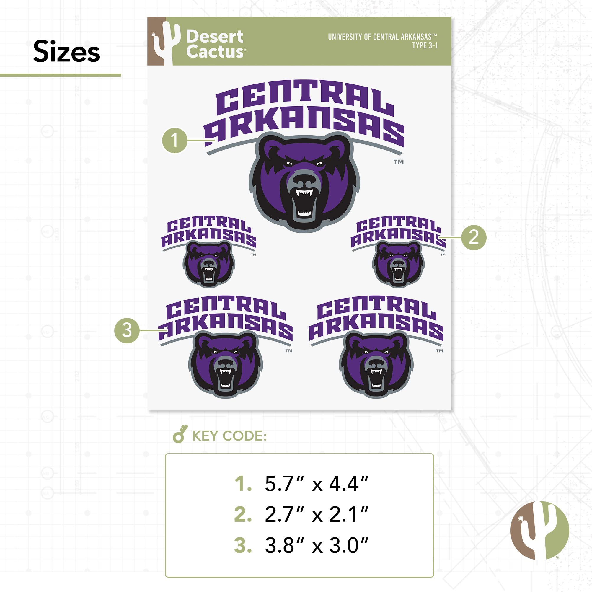 UCA Bears Vinyl Decals - Desert Cactus University of Central Arkansas Stickers for Laptop, Water Bottle, Car & Scrapbook - Durable T3 (Type 3-1) Decals for School Spirit & Fan Gifts