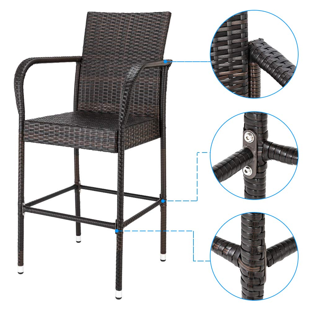 2 Pack Outdoor Wicker Bar Stools - All Weather Rattan Patio Chairs with Footrest & Armrest for Garden, Backyard, Lawn - Perfect for Poolside, Deck, or Outdoor Dining Areas