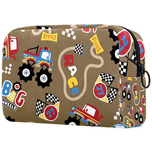 Monster Truck Race Cartoon Makeup Bag - Waterproof Travel Cosmetic Organizer with Zipper - Portable Toiletry Bag for Women - Perfect for Travel, Gym & Daily Use