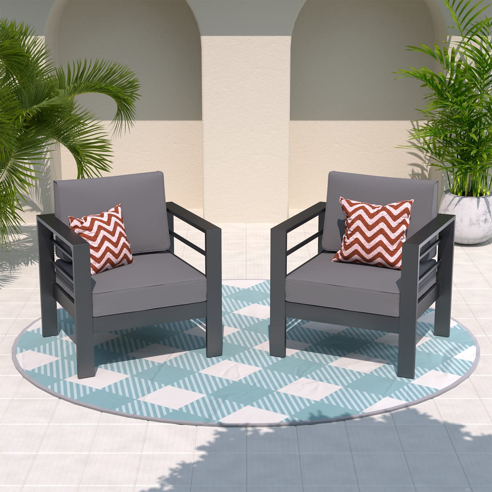 **Amopatio Oversized Aluminum Patio Armchair Set of 2 – All-Weather Outdoor Modern Metal Sofa Chairs with 5-Inch Cushions & Waterproof Covers, Dark Grey – Perfect for Garden, Poolside, and Patio Relaxation**