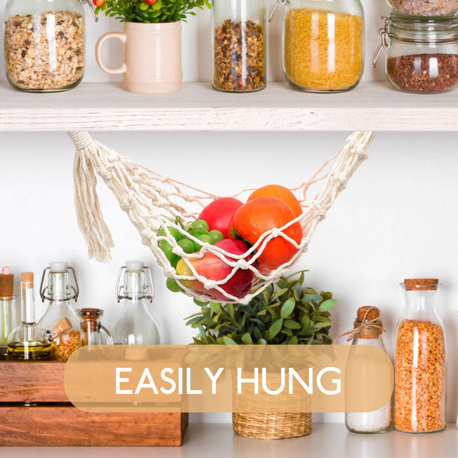 Kichvoe Woven Macrame Hanging Basket for Fruits & Vegetables - Bohemian Cotton Produce Storage Basket for Kitchen, Pantry, or Farmers Market - Perfect for Organizing Fresh Produce in Style