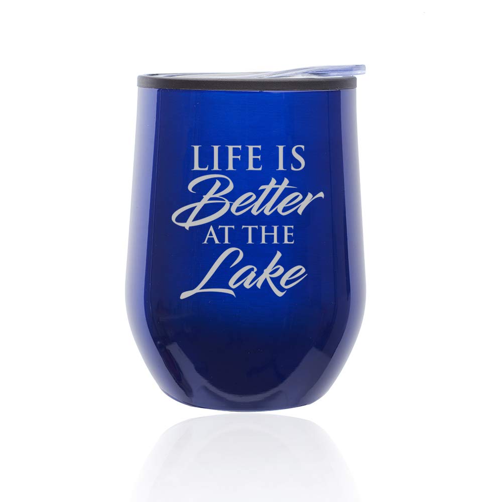 Stemless Wine Glass Tumbler with Lid - Insulated Coffee Travel Mug for Hot & Cold Drinks - Perfect for Camping, Beach, Picnics & Lakeside Relaxation (Blue)