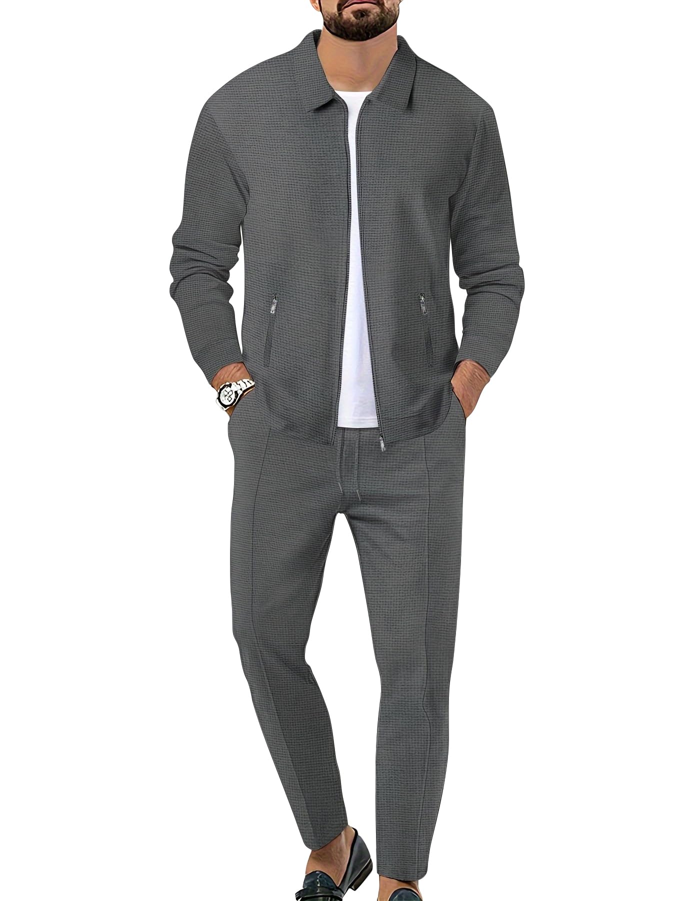 Men's Waffle Knit Tracksuit Set - 2 Piece Long Sleeve Zip Up Hoodie & Jogger Pants - Solid Color Athletic Sweatsuit for Running, Gym, and Casual Wear