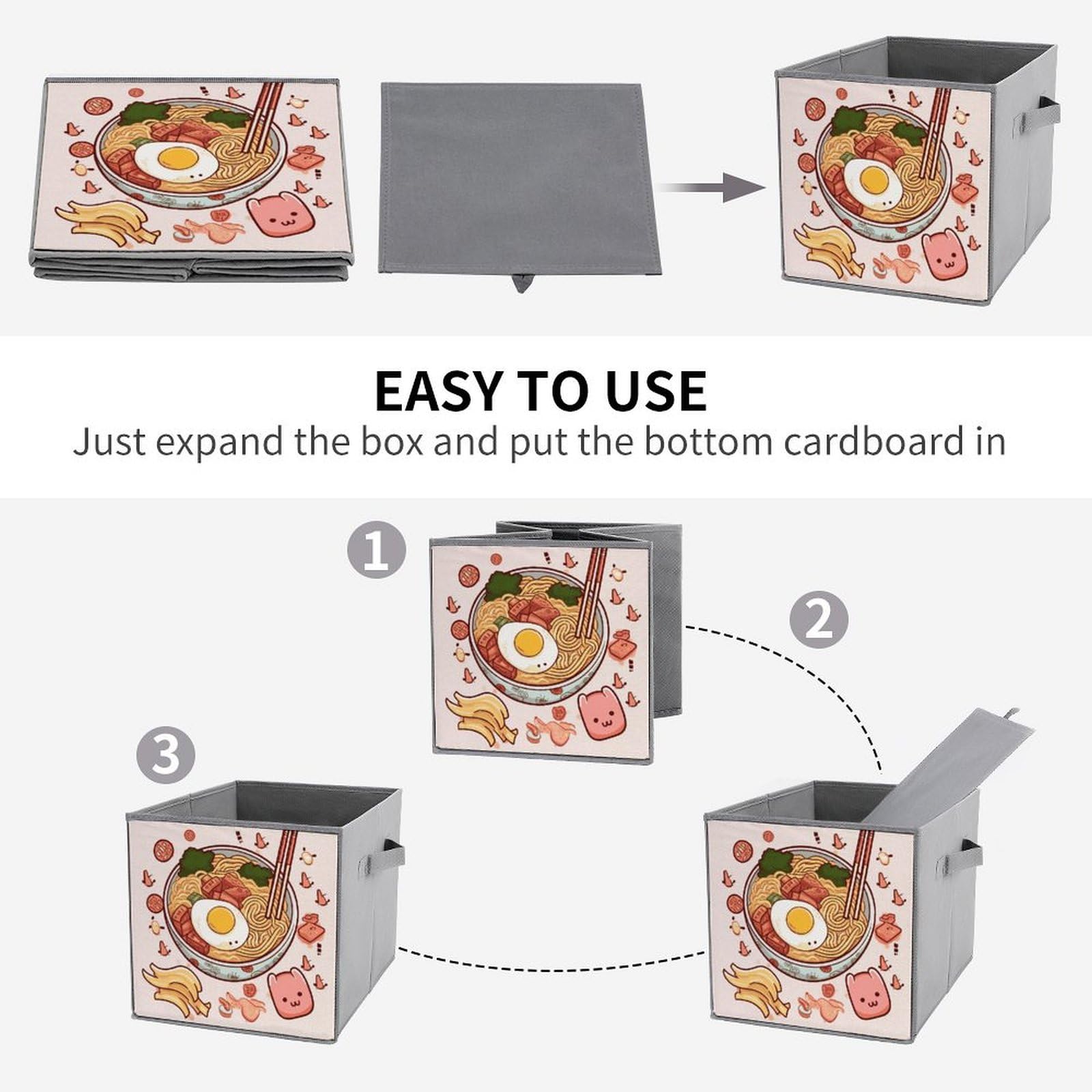 6-Piece Collapsible Storage Bins with Handles - Sweet Ramen Printed Foldable Organizing Baskets for Shelves, Kitchen, Bathroom & Home Organization | Space-Saving Multi-Purpose Storage Containers