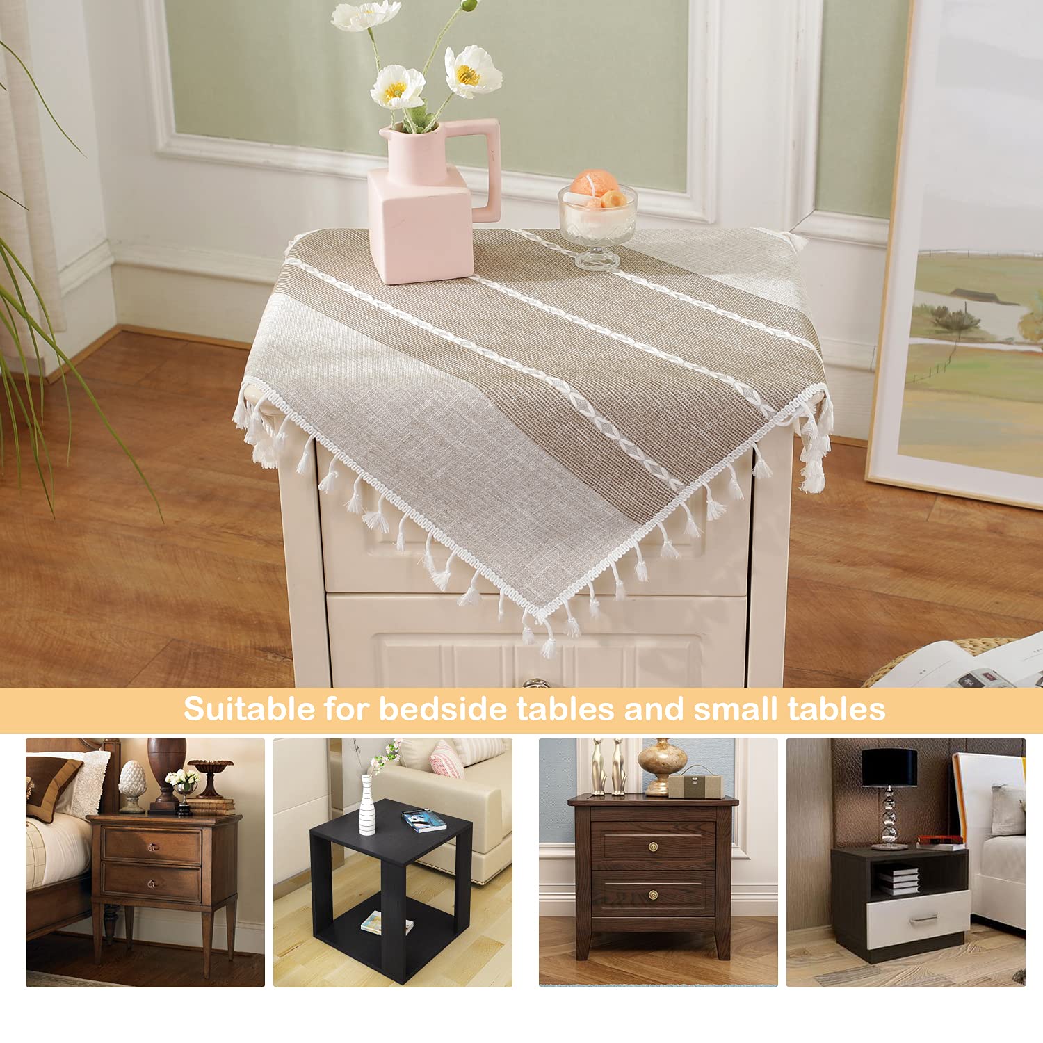2-Pack Brown Linen Square Tablecloths 23x23 Inch - Boho Farmhouse Style Washable End Table Cover with Tassel Trim for Bedside, Coffee Table & Dining Decor