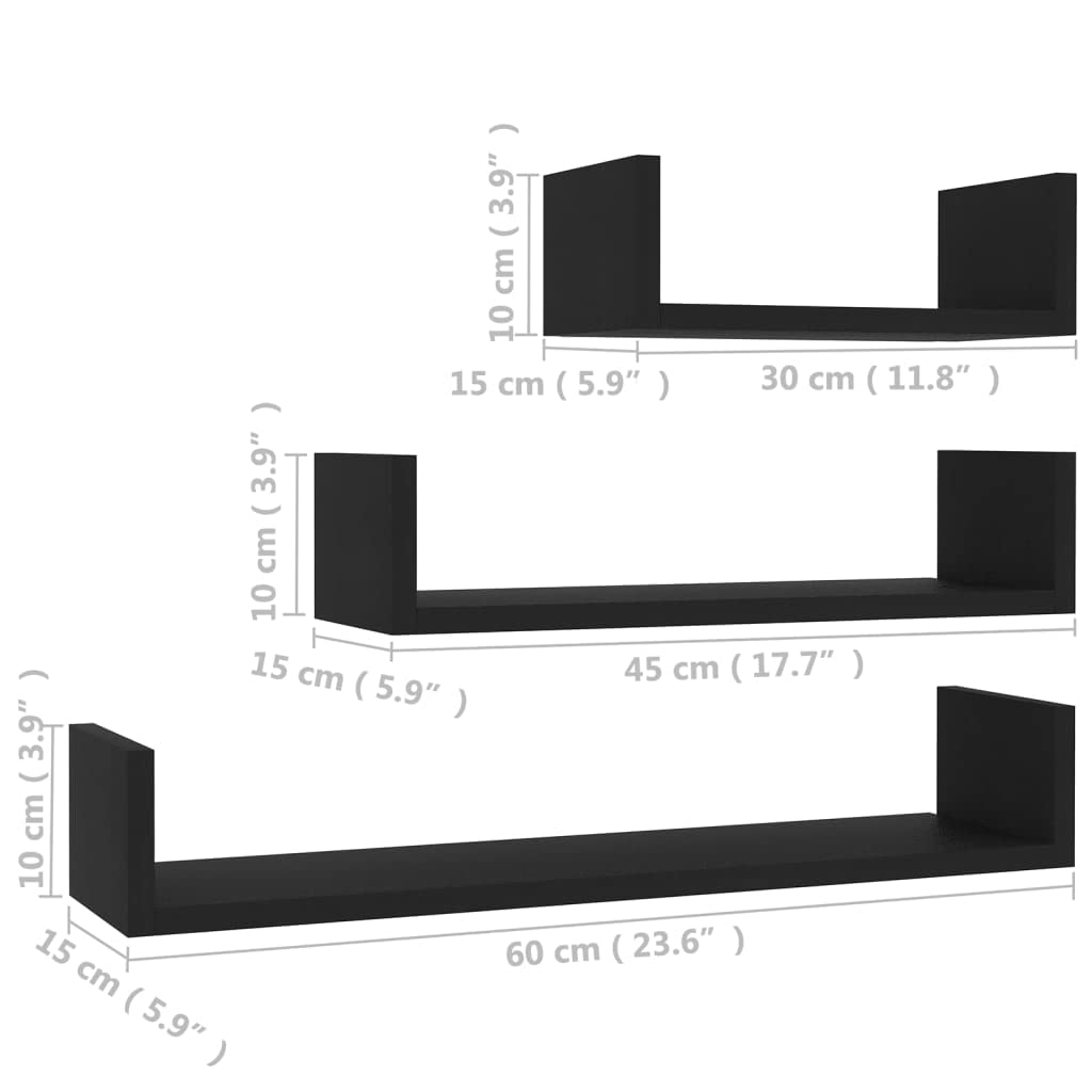 vidaXL Black Engineered Wood Wall Shelves Set of 3 - Modern U-Shaped Floating Shelves for Living Room, Bedroom & Office - Easy Mount Home Storage & Display Solution - Perfect for Books, Photos & Decor