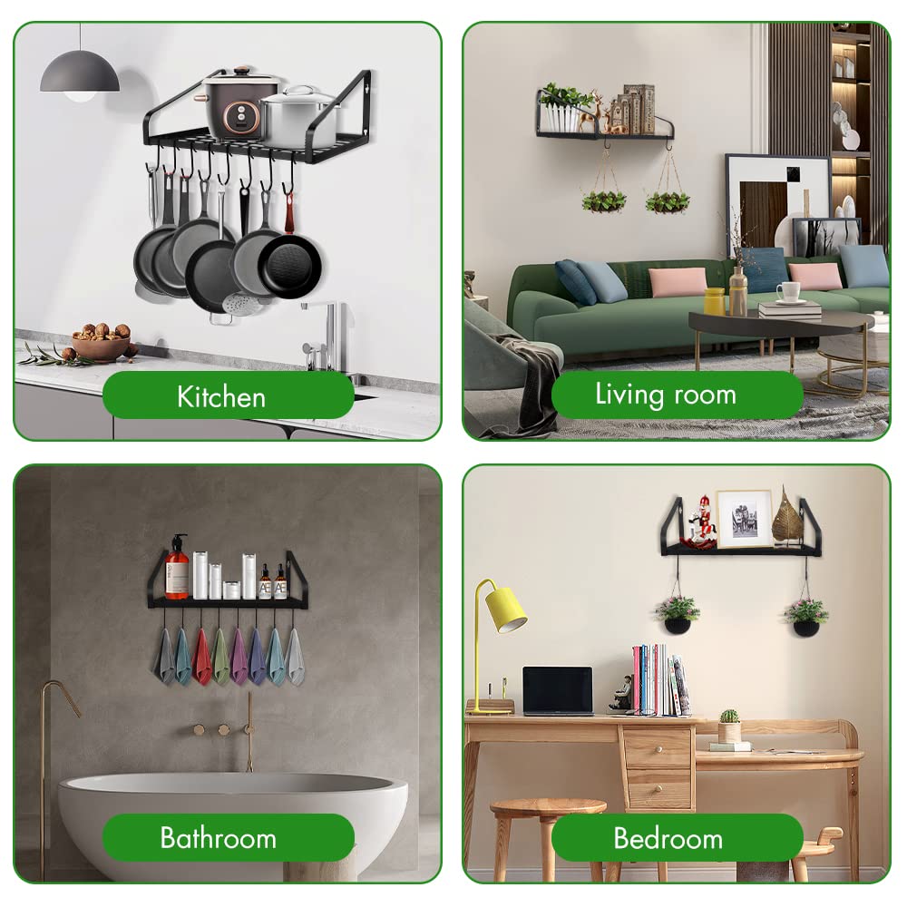Wall Mounted Hanging Pots and Pans Organizer Rack with 8 Hooks - Space Saving Kitchen Storage for Cookware, Utensils, Books & Household Items - Perfect for Small Kitchens, Apartments & RV Living