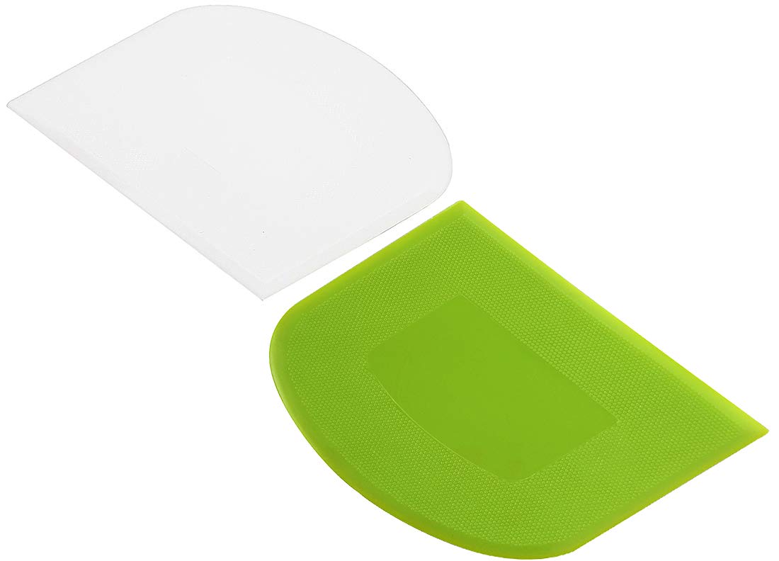 Suanyok 2-Piece Multi-Functional Kitchen Scraper Set - Dough Scraper, Bowl Scraper, Bread & Pizza Cutter - Food Safe Flexible Plastic (White & Green) - Perfect for Baking, Cooking, and Pastry Making