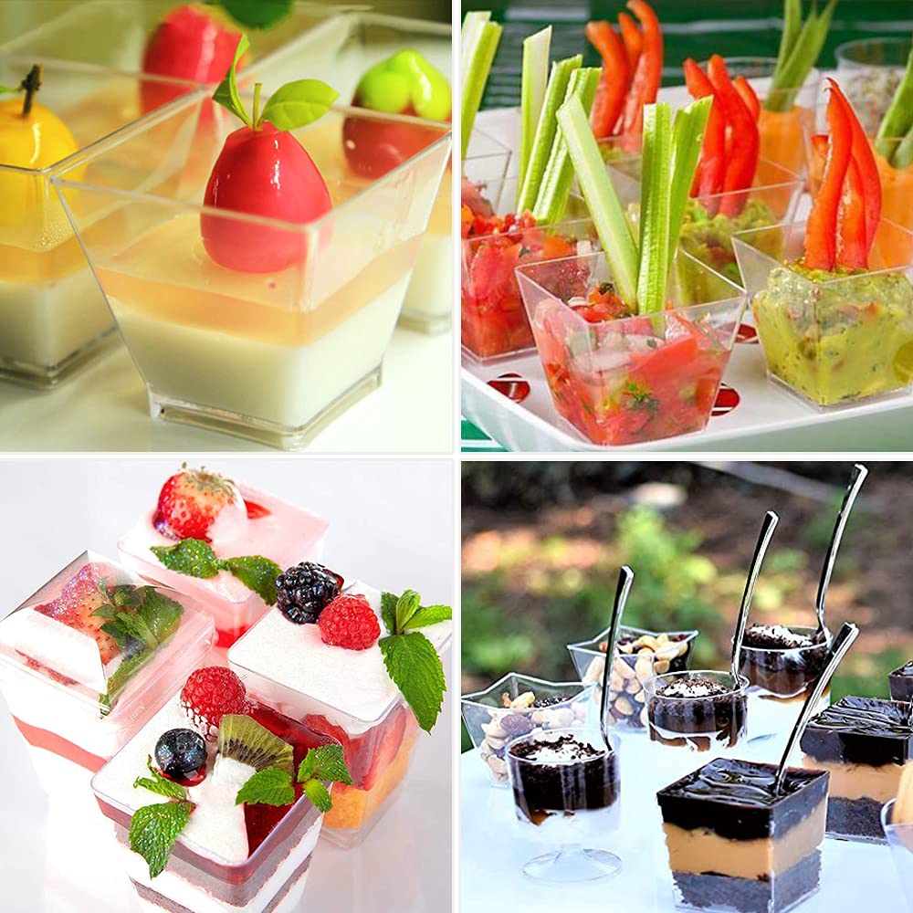 50 Pack 3.5 Oz Clear Plastic Mini Dessert Cups - Square Parfait Containers for Chocolate Mousse, Pudding, Appetizers, Dessert Samplers & Shot Glasses | Perfect for Party Catering, Wedding Favors & Bakery Display