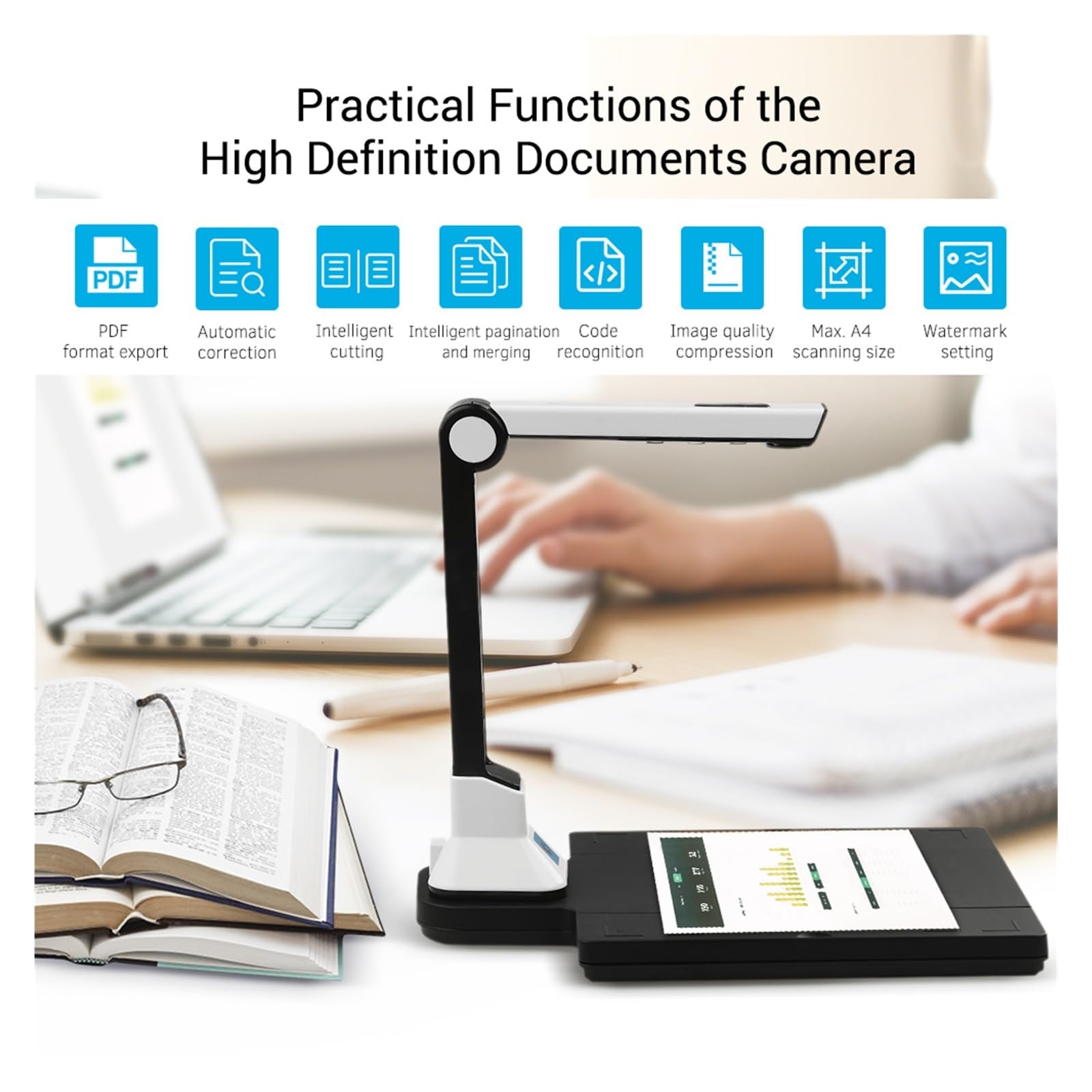 BK50 Portable 10MP A4 Document Scanner - High Resolution Book & File Scanner for Receipts, Invoices, Statements | Perfect for Office, Home & Travel Document Digitization