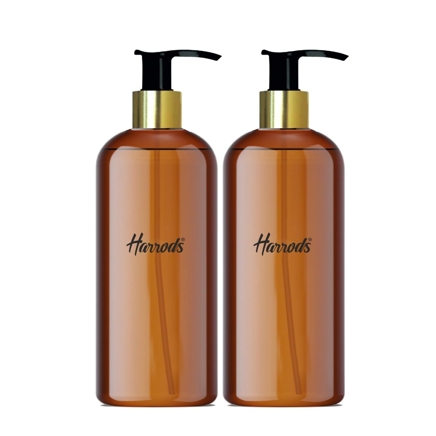 Harrods 2-Pack 500ml Amber Refillable Shampoo Pump Bottles - Plastic Liquid Soap Dispenser for Shampoo, Lotion & Body Wash | Perfect for Bathroom, Salon & Travel Organization