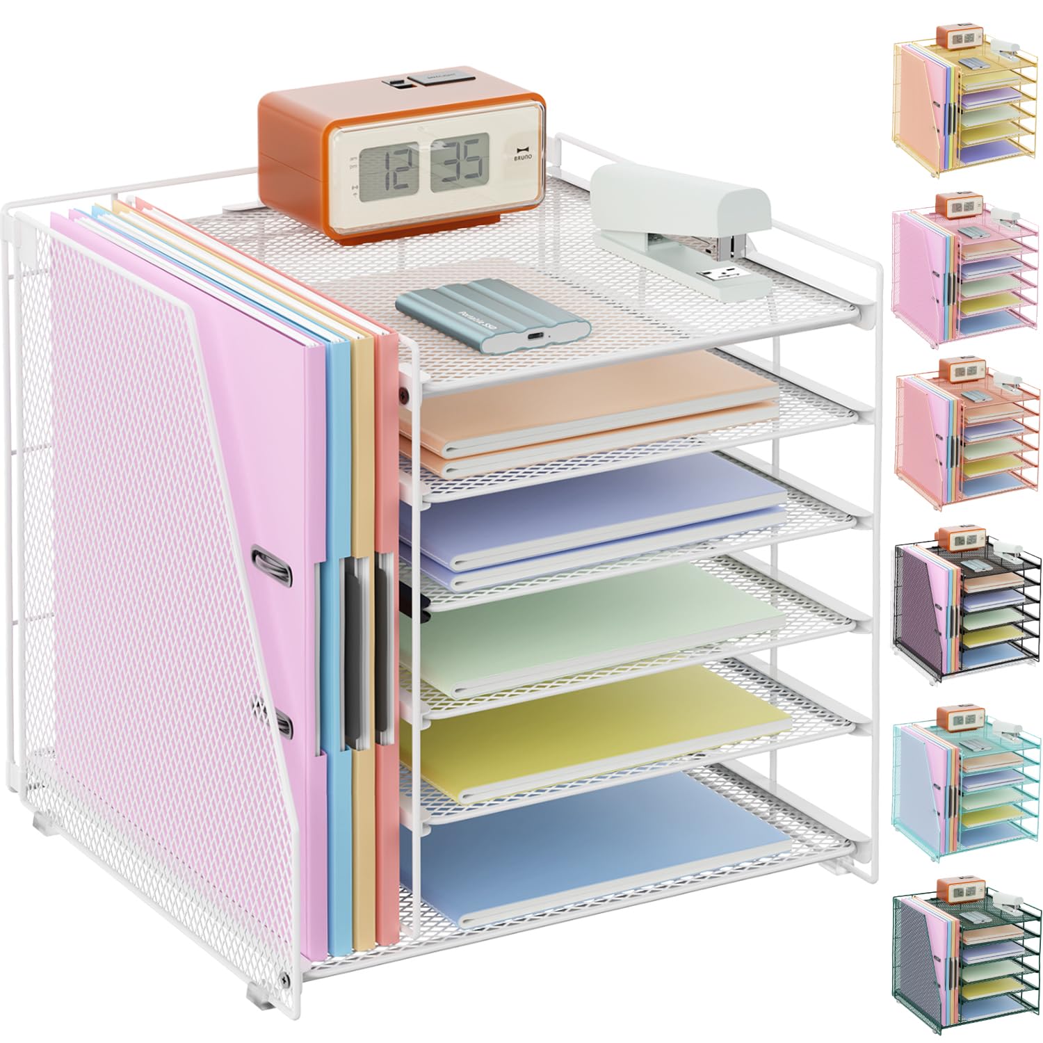 Gianotter 6-Tier Desk Organizer with Magazine Rack - White Office Desk Accessories for Paper, Files & Stationery - Perfect for Home Office, Workspace & School Organization