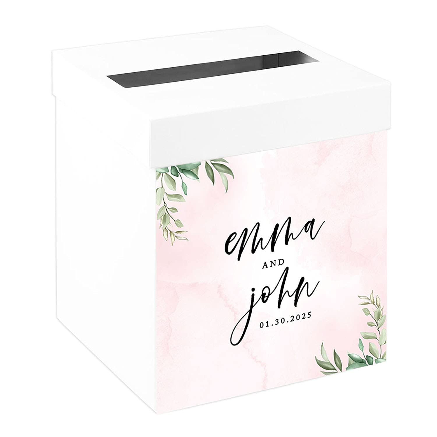 Personalized Wedding Card Box 10x10x10 - White with Pink Watercolor for Wedding Gifts & Cards