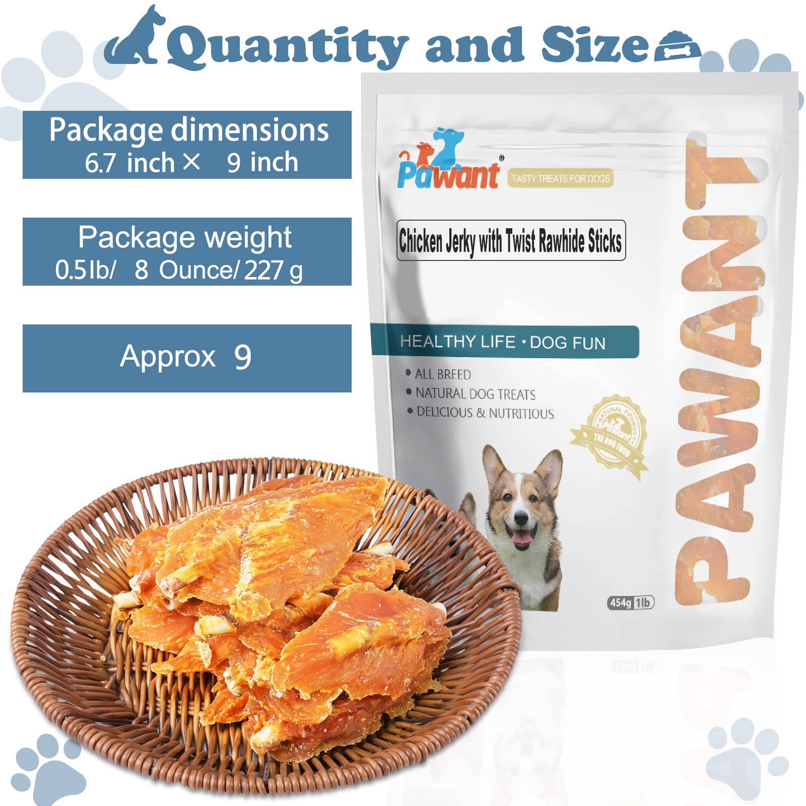 Premium Chicken Jerky & Rawhide Sticks for Puppy Training - Natural Dog Chews & Treats, 0.5lb/227g - Perfect for Obedience Training & Teething Relief