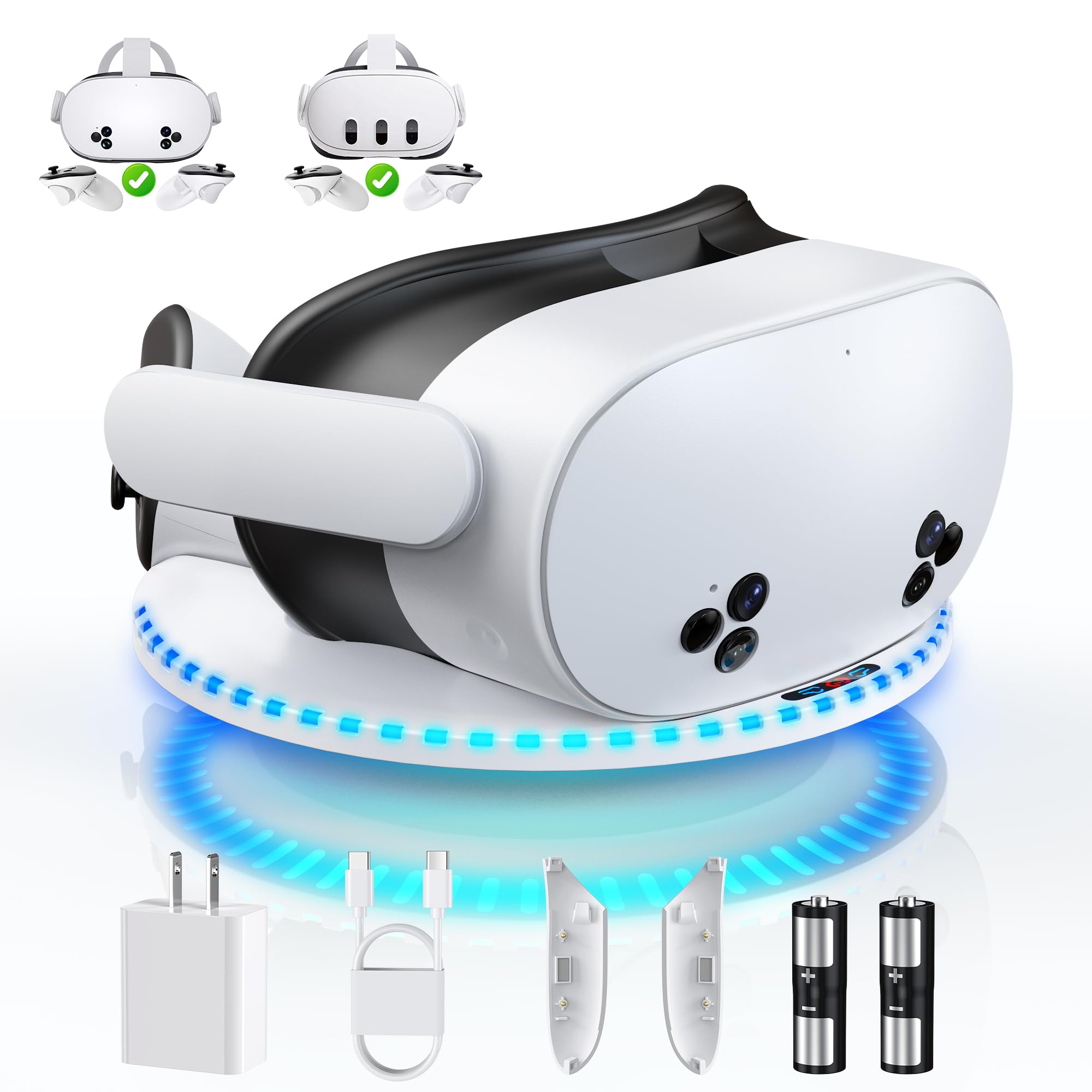 Kinwin 30W Fast Charging Dock for Meta Quest 3 & Quest 3S - VR Headset and Controller Charging Station with RGB Lights & 2 Rechargeable Batteries - Perfect for Gaming, VR Entertainment & Oculus Accessories