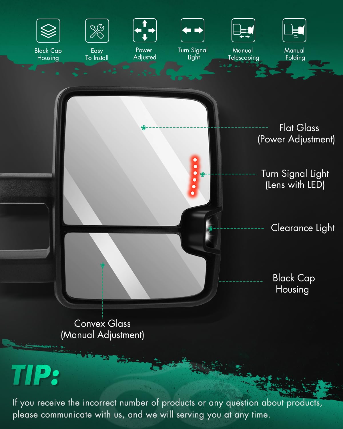 SCITOO Manual Telescoping & Folding Towing Mirrors - Compatible with 1988-1998 Chevy/GMC C/K 1500 2500 3500 & 1992-1999 Suburban/Tahoe/Yukon - Power Control Non-Heated - Perfect for Towing Trailers, Boats & RVs