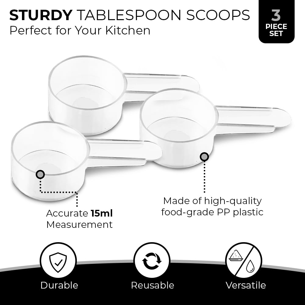 3-Pack 1 Tablespoon (15ml) Measuring Spoon Set - Short Handle Clear Plastic Scoops for Coffee, Tea, Protein, Spices & Powders | Perfect for Baking, Cooking & Measuring Dry Ingredients