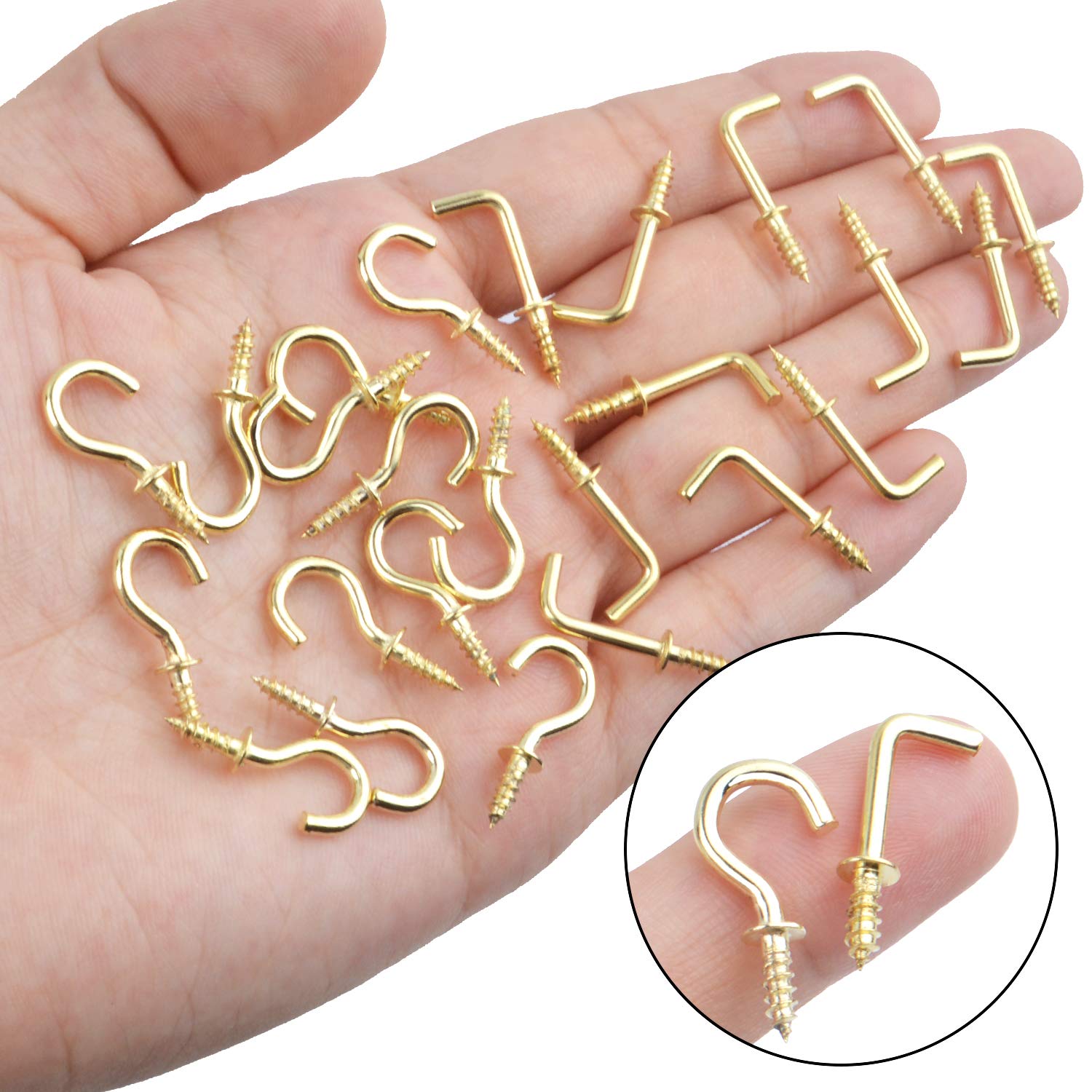 50pcs Gold L Screw Hooks & 50pcs Small Screw Hooks Set - Heavy Duty Shouldered Dresser Hooks & Ceiling Hooks for Hanging Plants, Lights, Decorations - Perfect for Home Organization & DIY Projects