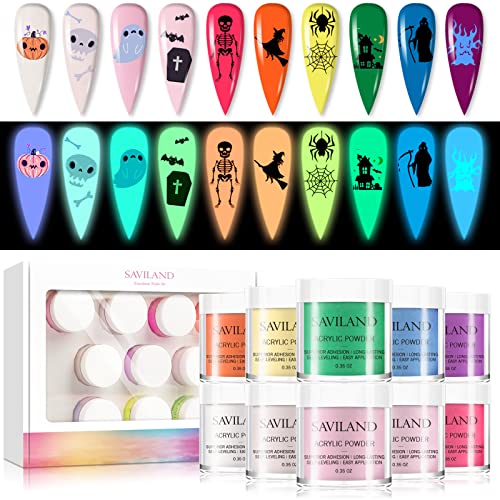Saviland Glow in the Dark Acrylic Powder Set - 10 Luminous Colors Professional Polymer Powder for Nail Extensions & Carving | Perfect for Halloween Nails, Fall French Manicures, DIY Nail Art & Gifts for Women